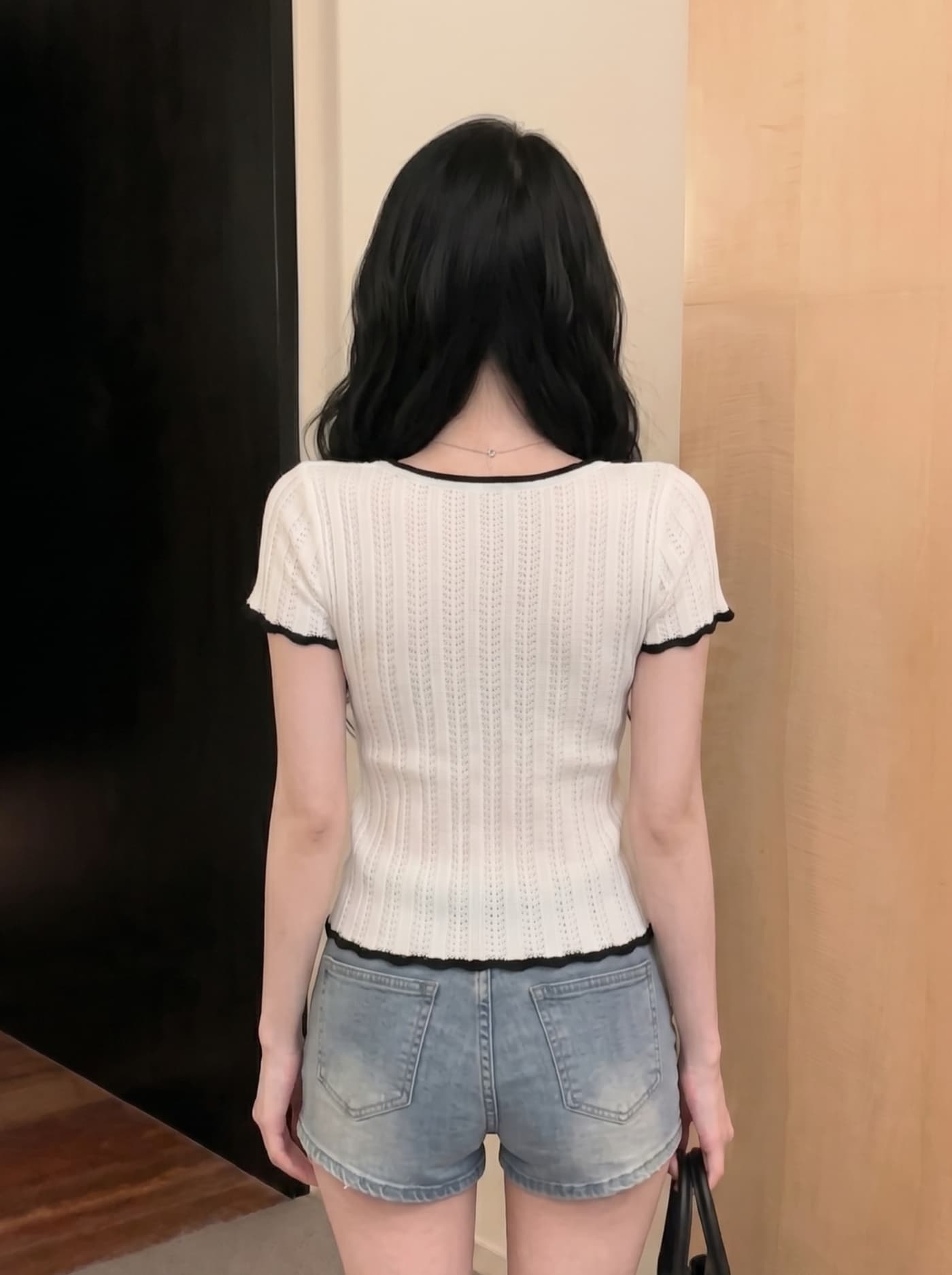 실사 아메리칸 배색 레이스 나비 매듭 니트 반팔 티셔츠 여성 여름 타이트 핫걸 쇼트 스타일 긍정적 인 어깨 의류 상세 이미지 5