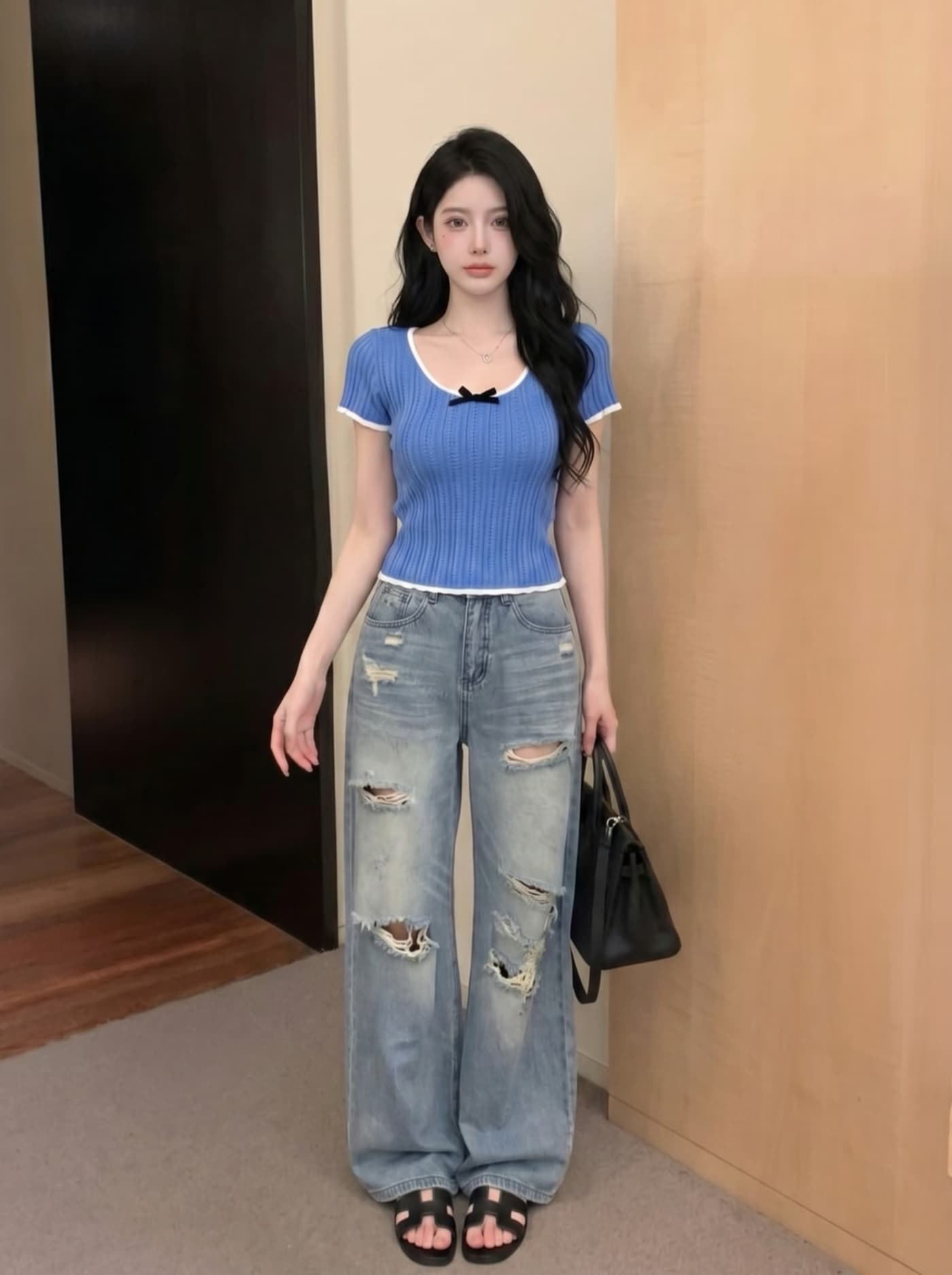 실사 아메리칸 배색 레이스 나비 매듭 니트 반팔 티셔츠 여성 여름 타이트 핫걸 쇼트 스타일 긍정적 인 어깨 의류 상세 이미지 6
