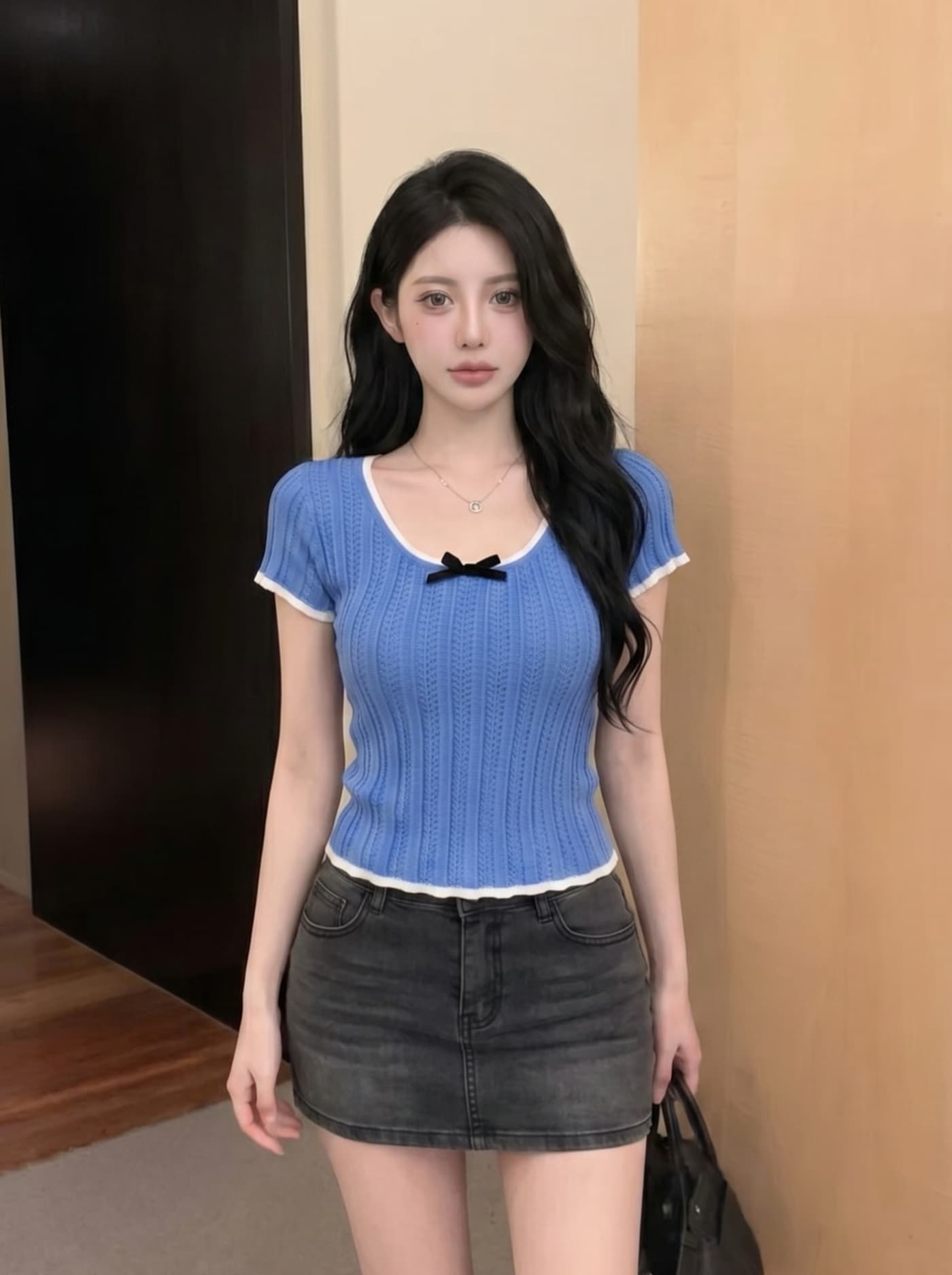 실사 아메리칸 배색 레이스 나비 매듭 니트 반팔 티셔츠 여성 여름 타이트 핫걸 쇼트 스타일 긍정적 인 어깨 의류 상세 이미지 7