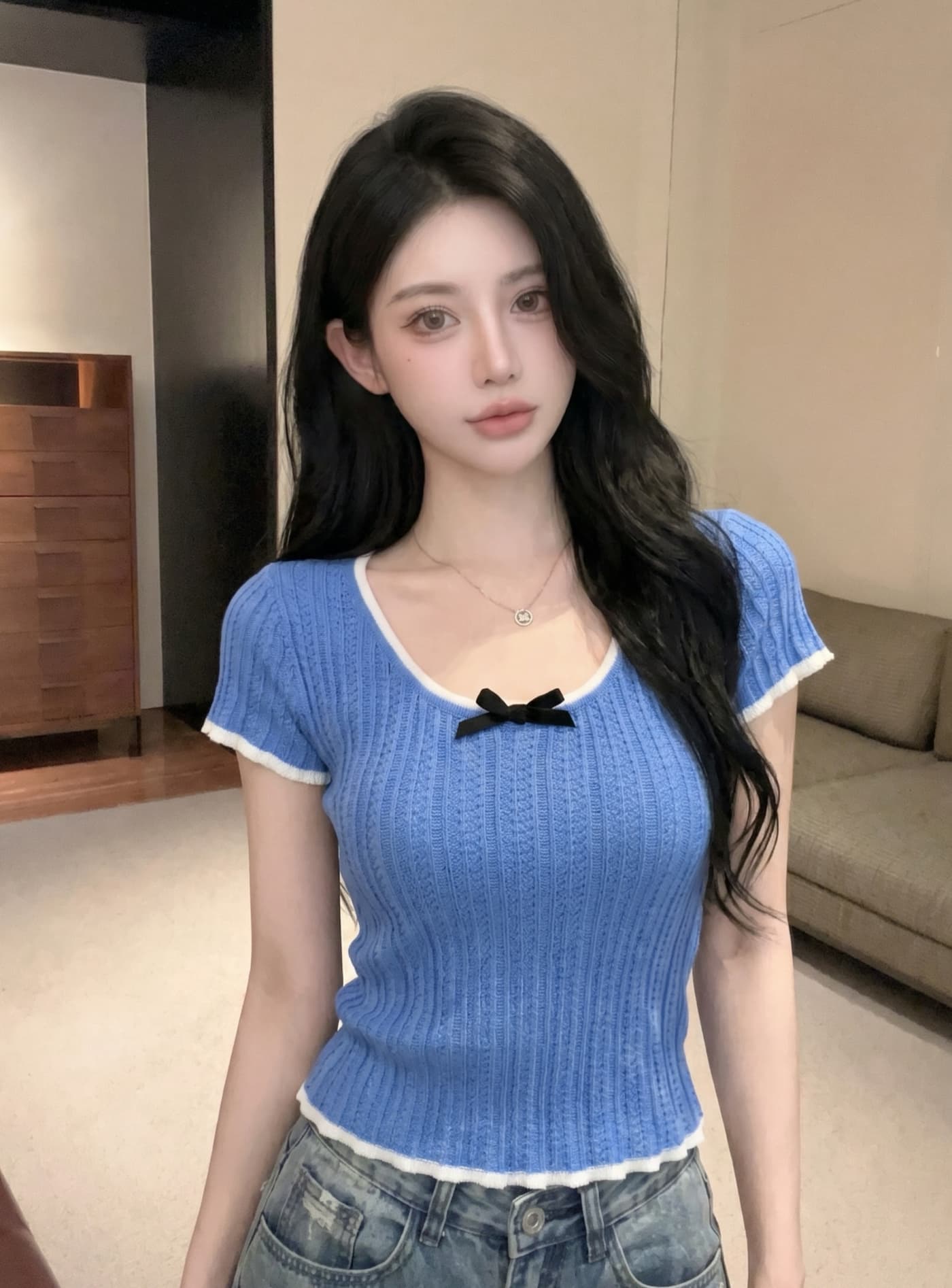 실사 아메리칸 배색 레이스 나비 매듭 니트 반팔 티셔츠 여성 여름 타이트 핫걸 쇼트 스타일 긍정적 인 어깨 의류 상세 이미지 9