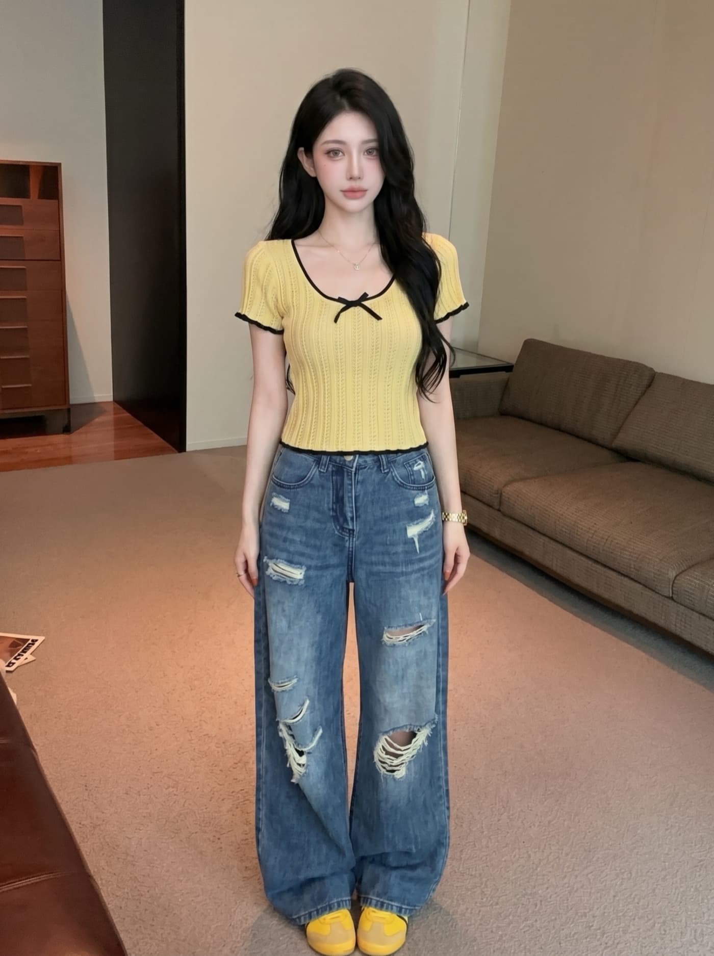 실사 아메리칸 배색 레이스 나비 매듭 니트 반팔 티셔츠 여성 여름 타이트 핫걸 쇼트 스타일 긍정적 인 어깨 의류 상세 이미지 12