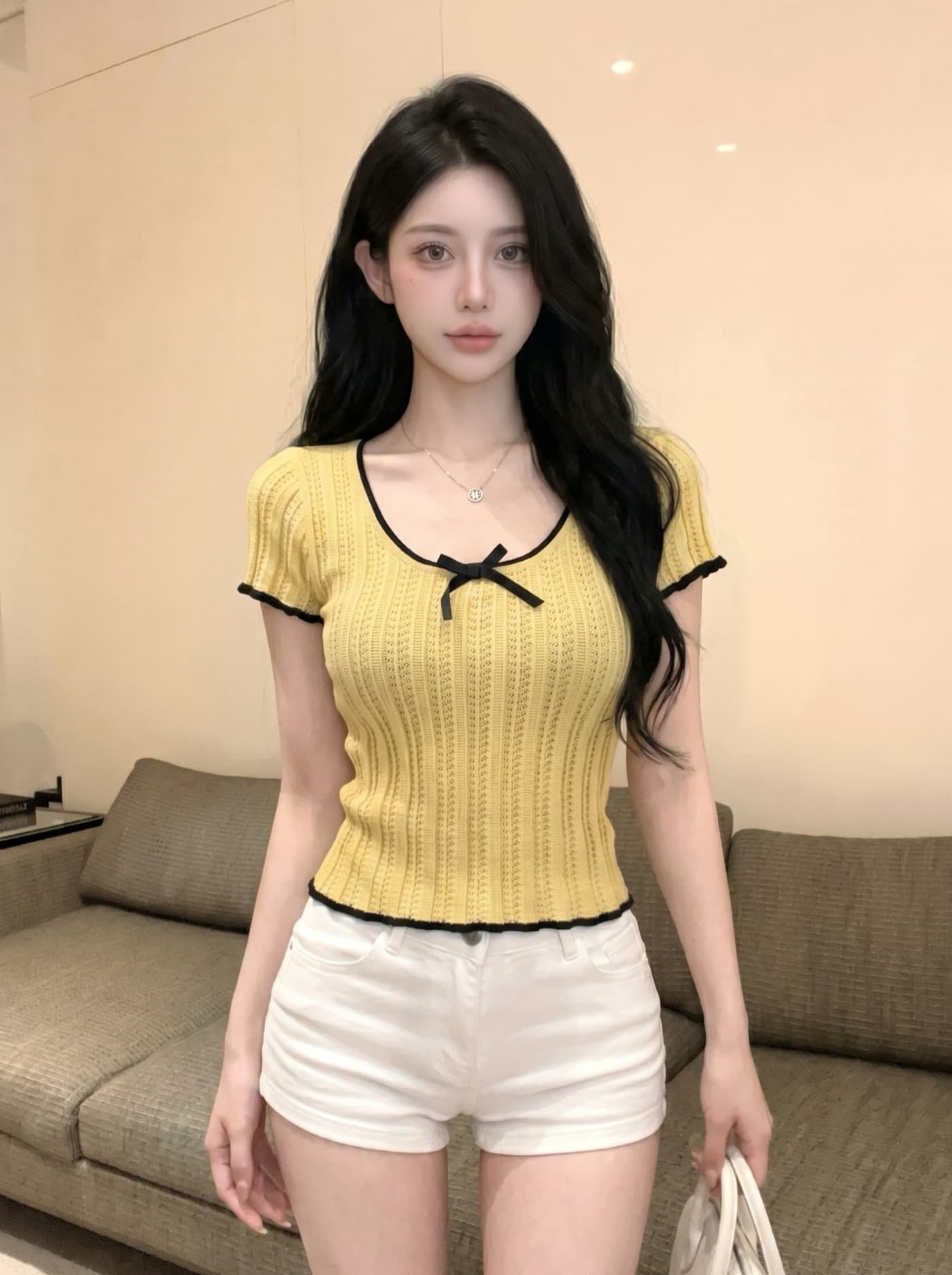 실사 아메리칸 배색 레이스 나비 매듭 니트 반팔 티셔츠 여성 여름 타이트 핫걸 쇼트 스타일 긍정적 인 어깨 의류 상세 이미지 14