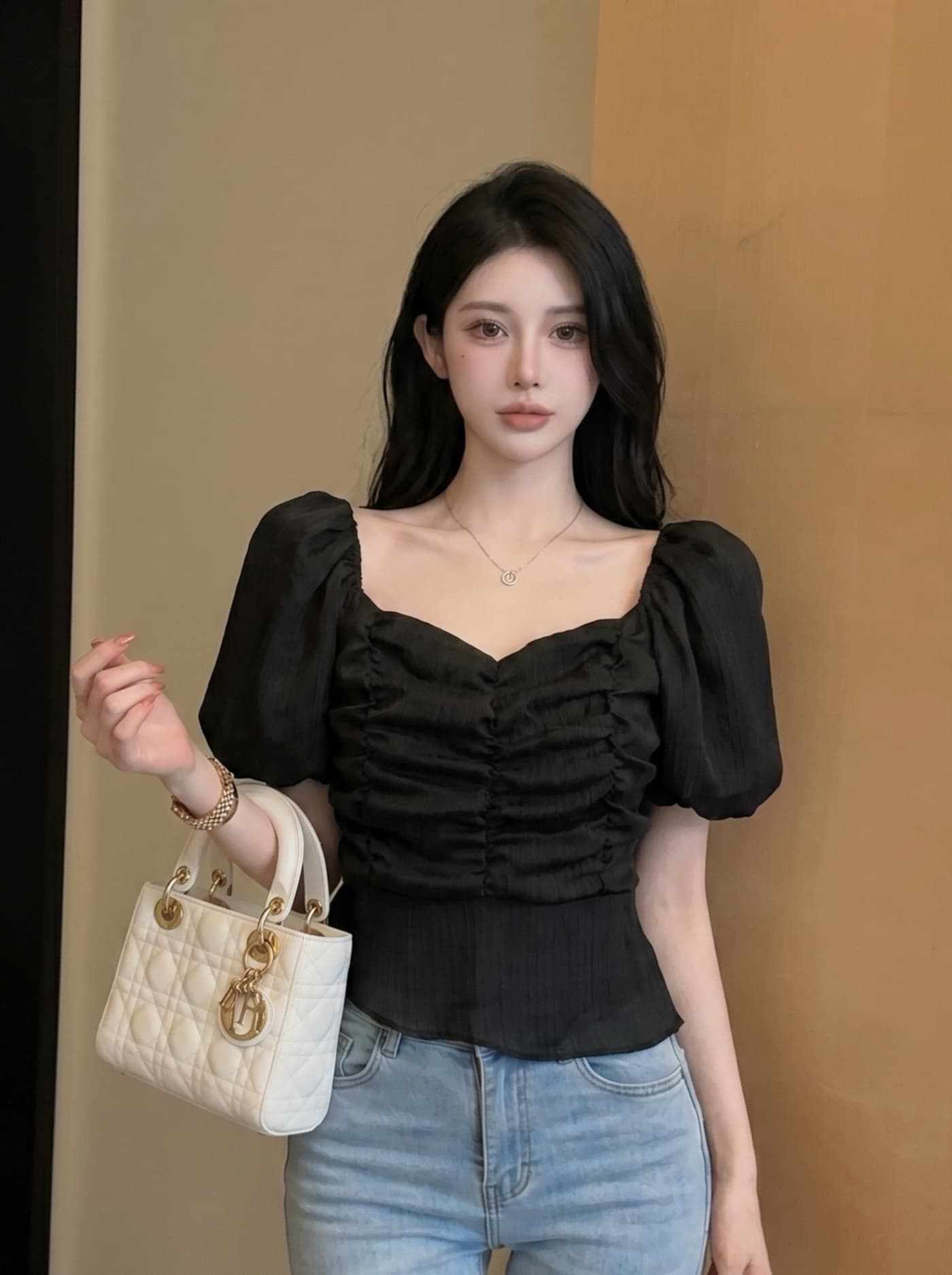 실사 프랑스식 부드러운 바람 달콤함 여성 여름 새로운 자이언트 잘 생긴 작은 키 거품 소매 쇼트 스타일 레이스 작은 셔츠 이미지 3