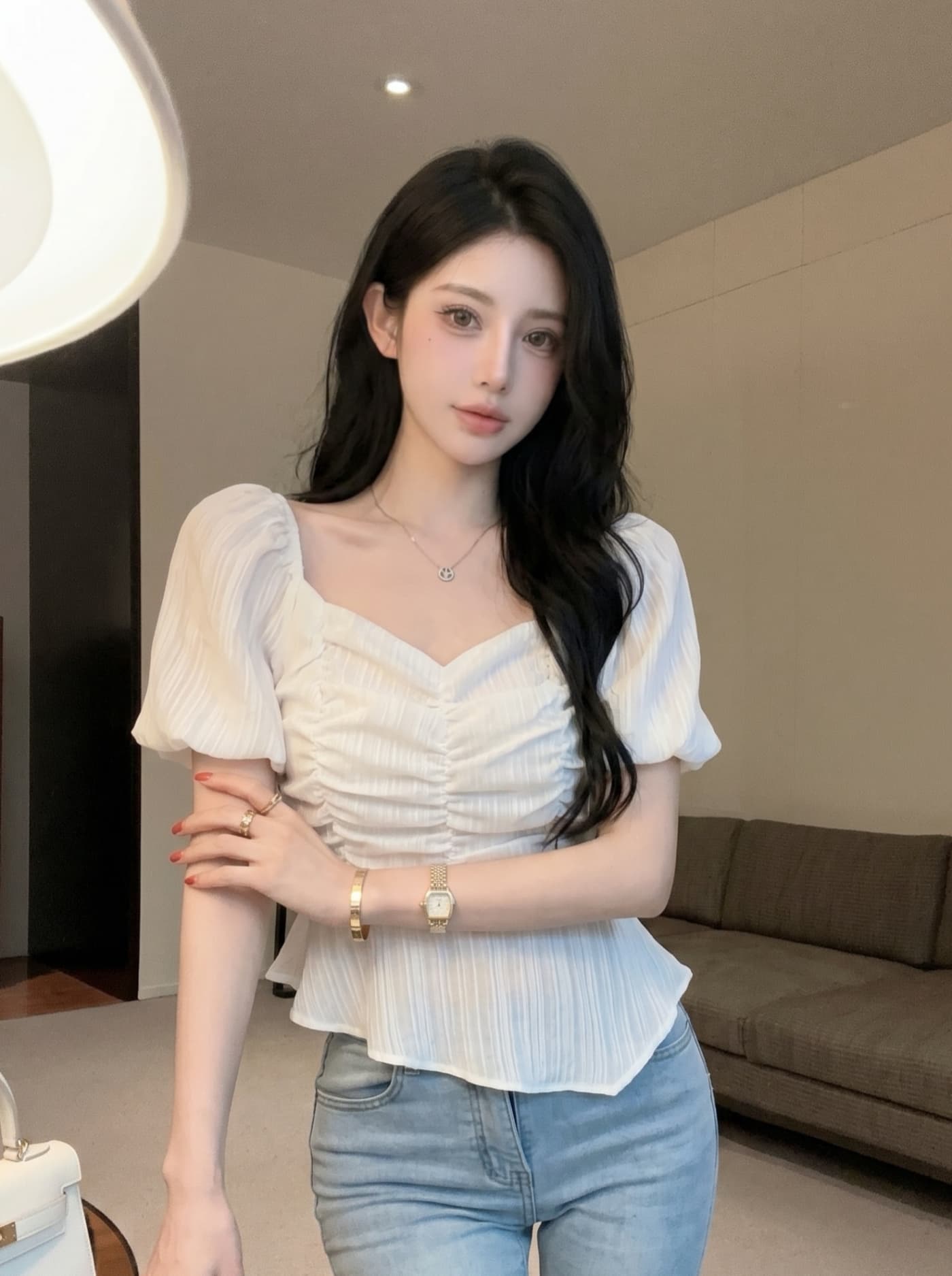 실사 프랑스식 부드러운 바람 달콤함 여성 여름 새로운 자이언트 잘 생긴 작은 키 거품 소매 쇼트 스타일 레이스 작은 셔츠