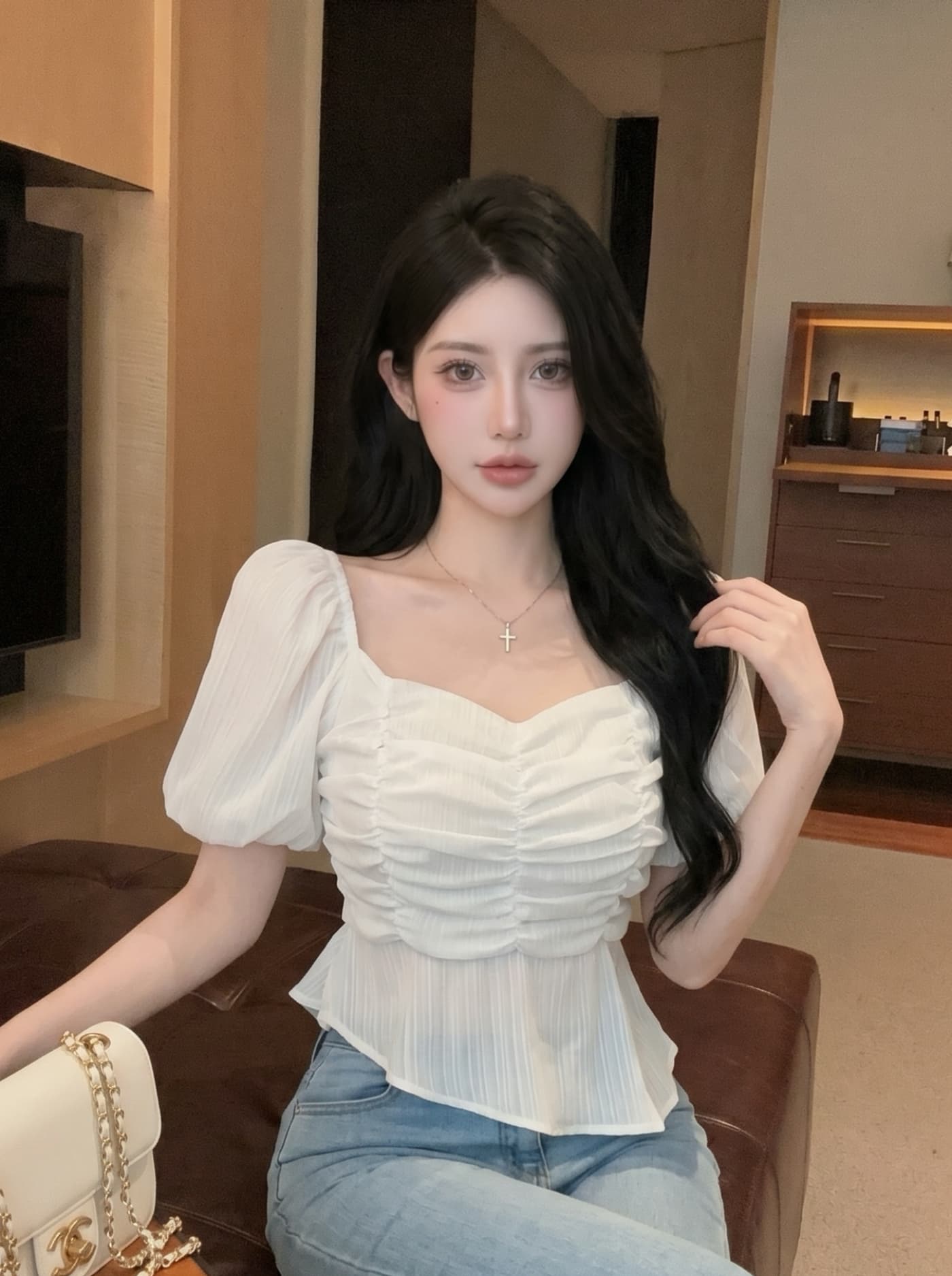 실사 프랑스식 부드러운 바람 달콤함 여성 여름 새로운 자이언트 잘 생긴 작은 키 거품 소매 쇼트 스타일 레이스 작은 셔츠 상세 이미지 2