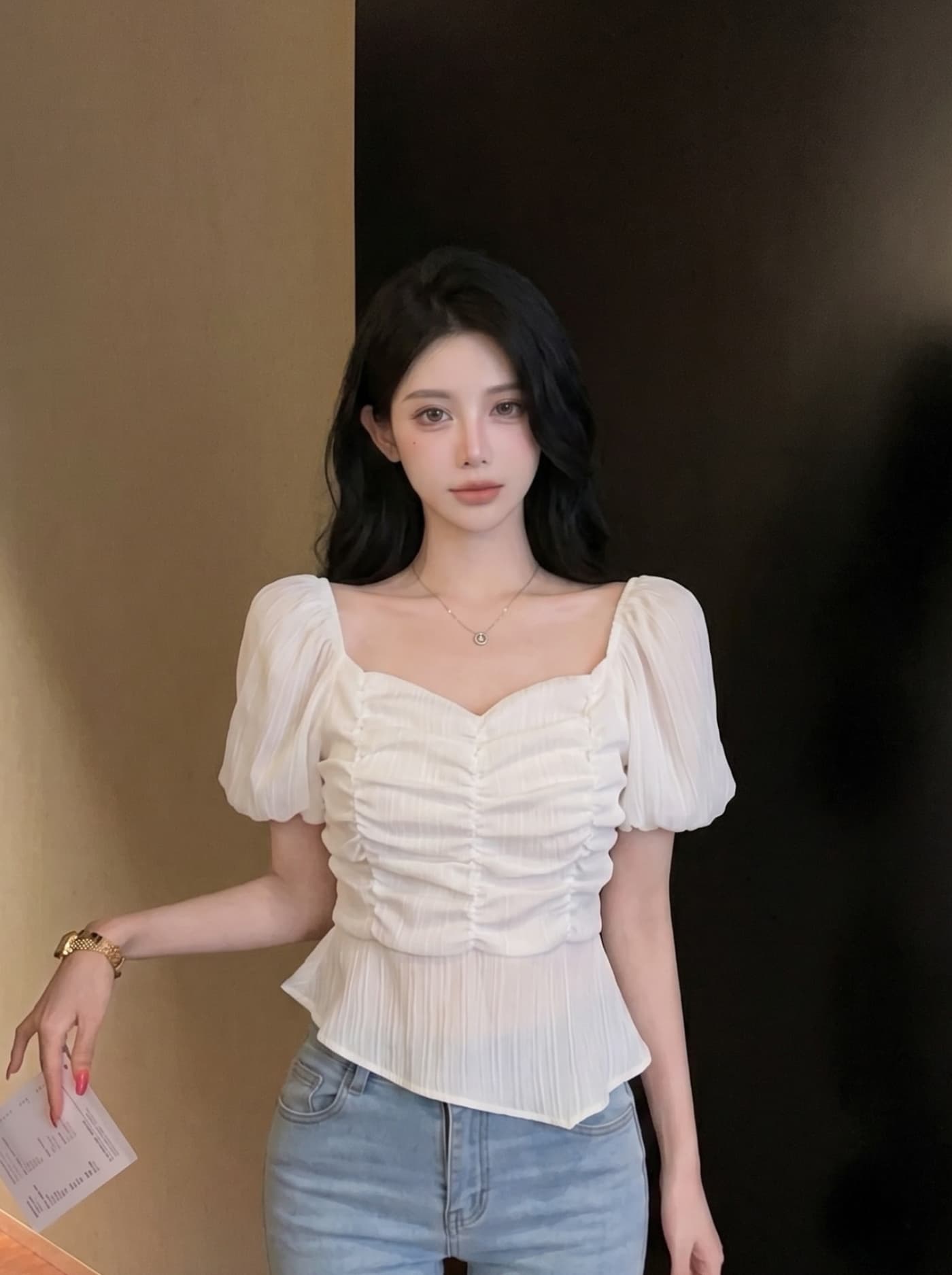 실사 프랑스식 부드러운 바람 달콤함 여성 여름 새로운 자이언트 잘 생긴 작은 키 거품 소매 쇼트 스타일 레이스 작은 셔츠 상세 이미지 3