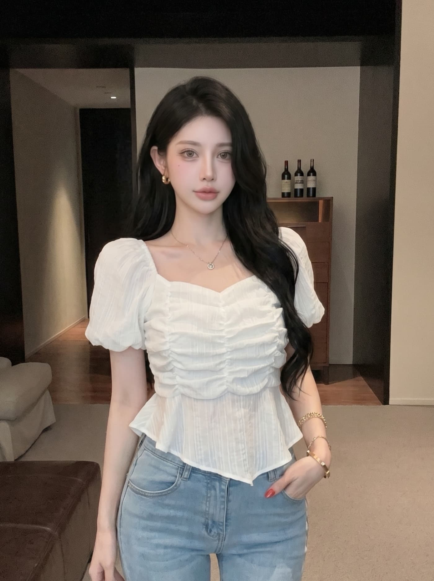 실사 프랑스식 부드러운 바람 달콤함 여성 여름 새로운 자이언트 잘 생긴 작은 키 거품 소매 쇼트 스타일 레이스 작은 셔츠 상세 이미지 5