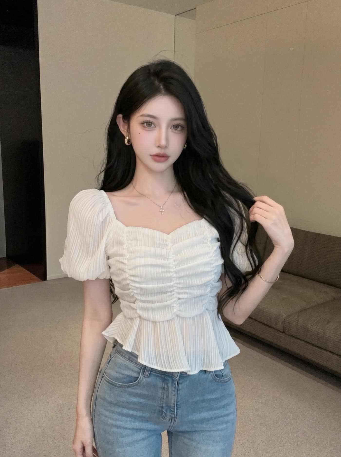실사 프랑스식 부드러운 바람 달콤함 여성 여름 새로운 자이언트 잘 생긴 작은 키 거품 소매 쇼트 스타일 레이스 작은 셔츠 상세 이미지 6