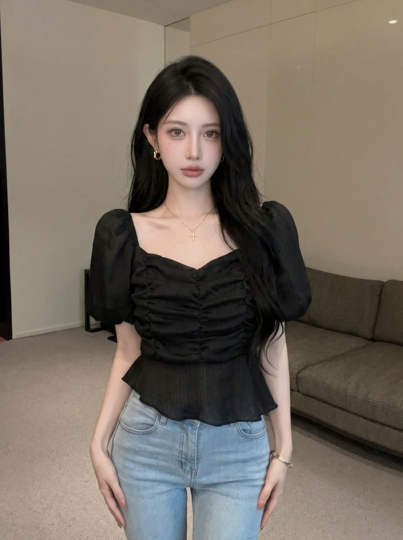 실사 프랑스식 부드러운 바람 달콤함 여성 여름 새로운 자이언트 잘 생긴 작은 키 거품 소매 쇼트 스타일 레이스 작은 셔츠 상세 이미지 8