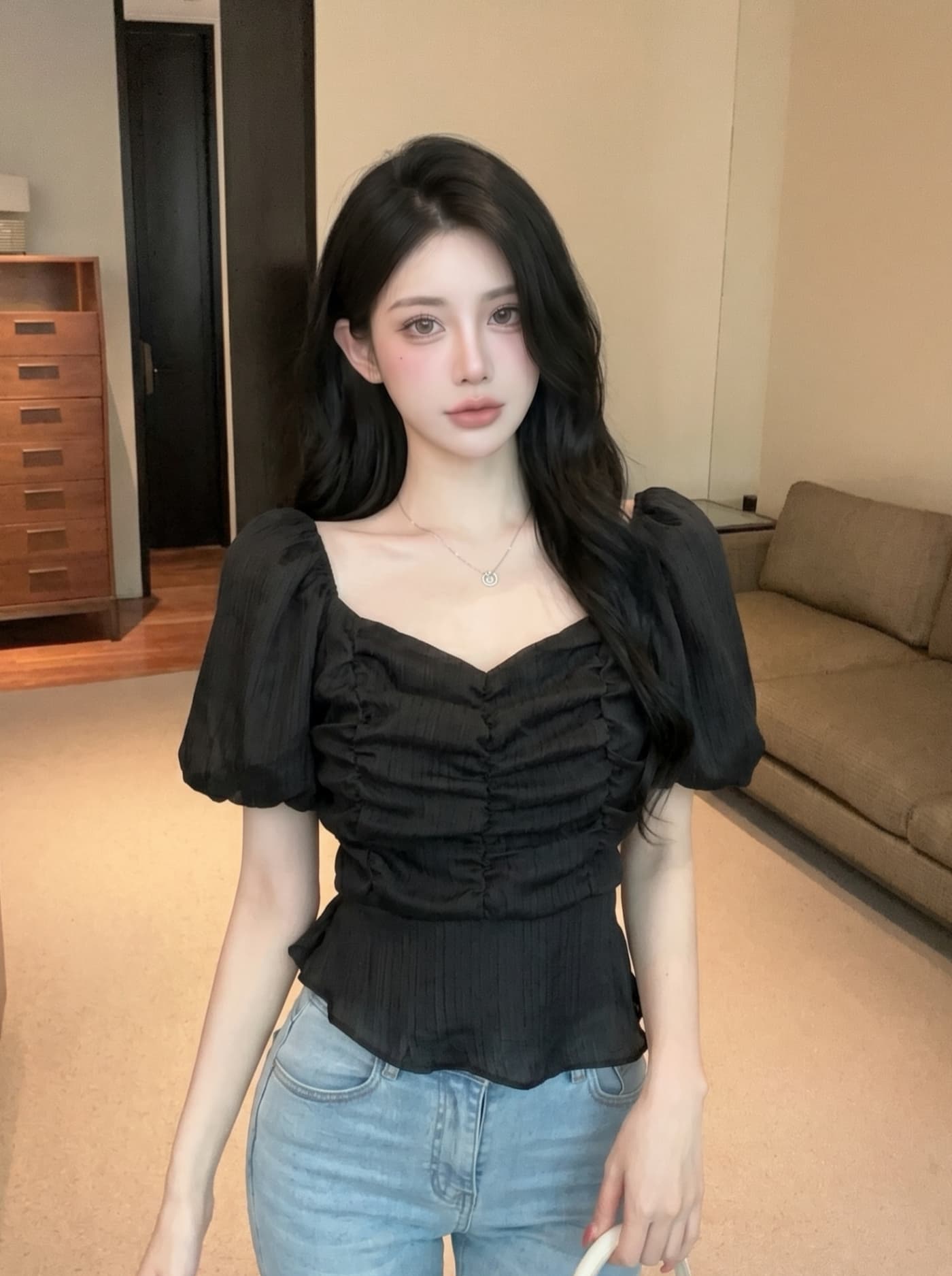 실사 프랑스식 부드러운 바람 달콤함 여성 여름 새로운 자이언트 잘 생긴 작은 키 거품 소매 쇼트 스타일 레이스 작은 셔츠 상세 이미지 9