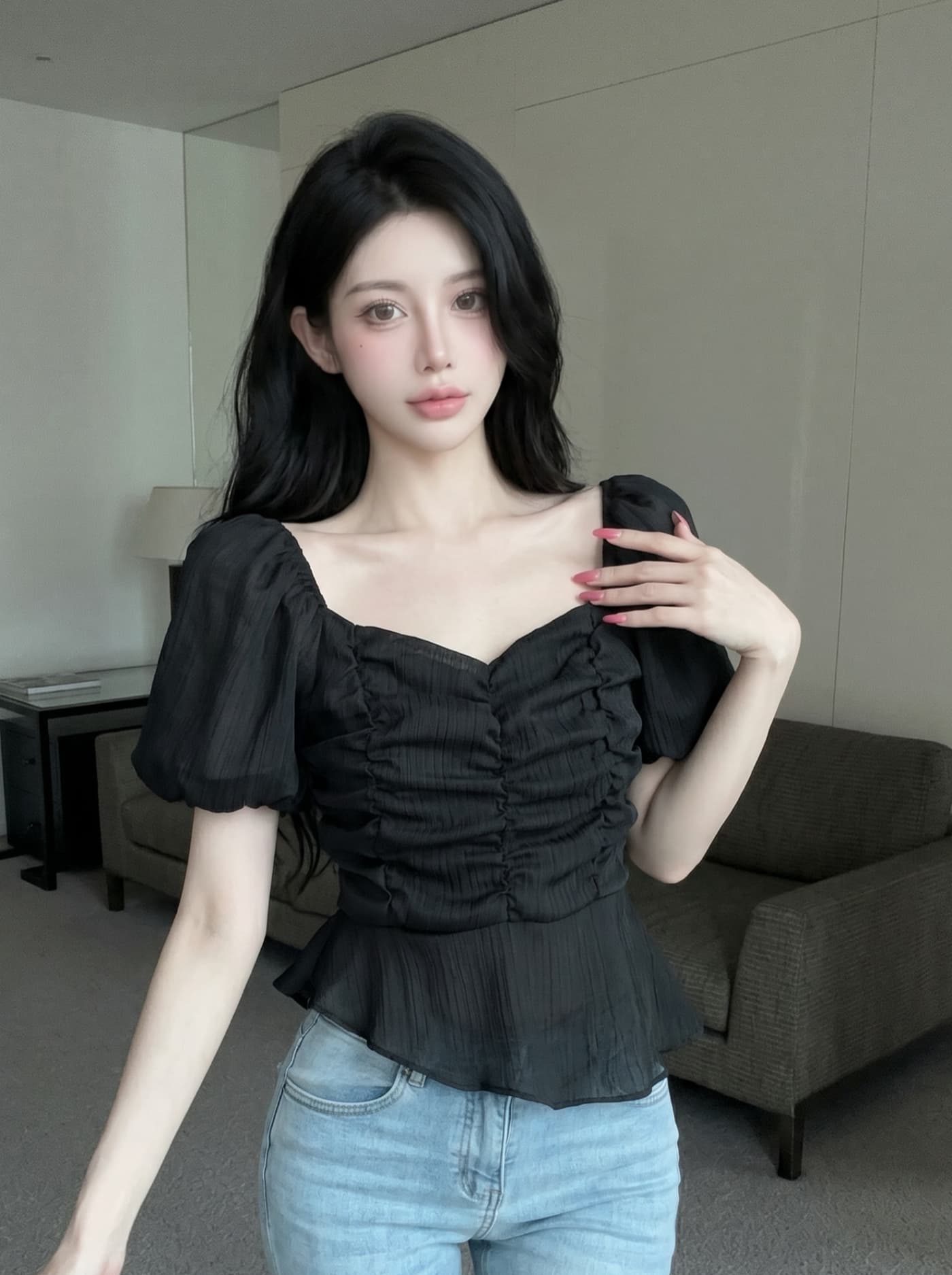 실사 프랑스식 부드러운 바람 달콤함 여성 여름 새로운 자이언트 잘 생긴 작은 키 거품 소매 쇼트 스타일 레이스 작은 셔츠 상세 이미지 10