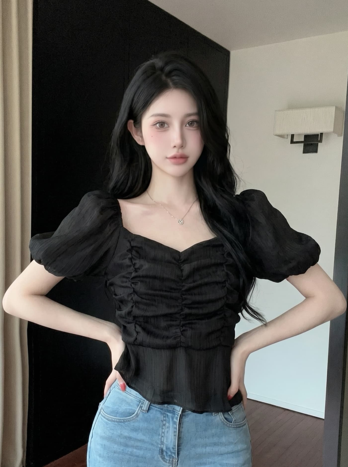 실사 프랑스식 부드러운 바람 달콤함 여성 여름 새로운 자이언트 잘 생긴 작은 키 거품 소매 쇼트 스타일 레이스 작은 셔츠 상세 이미지 11