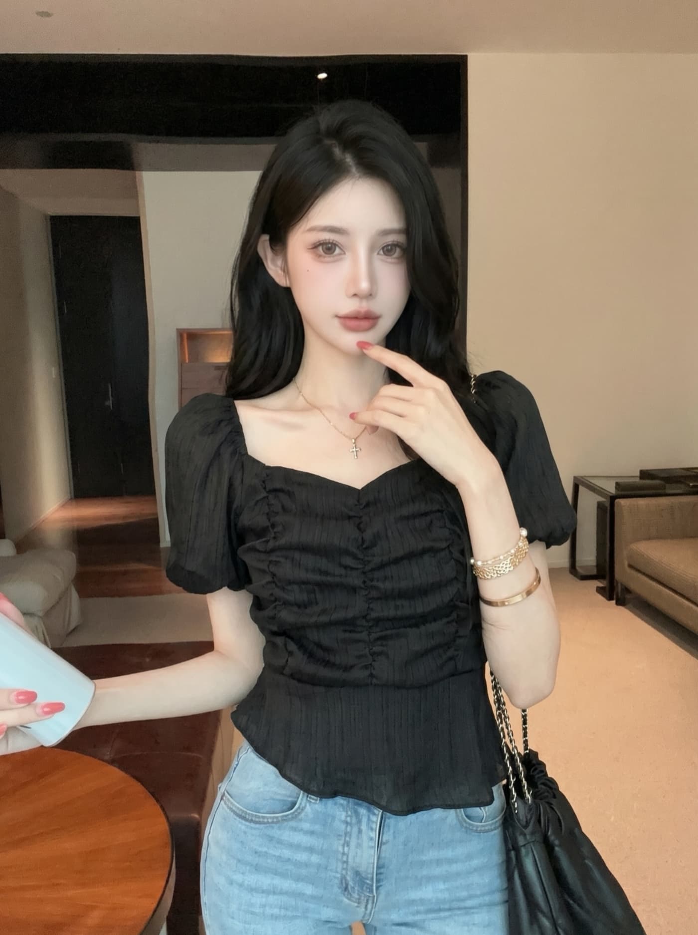 실사 프랑스식 부드러운 바람 달콤함 여성 여름 새로운 자이언트 잘 생긴 작은 키 거품 소매 쇼트 스타일 레이스 작은 셔츠 상세 이미지 12