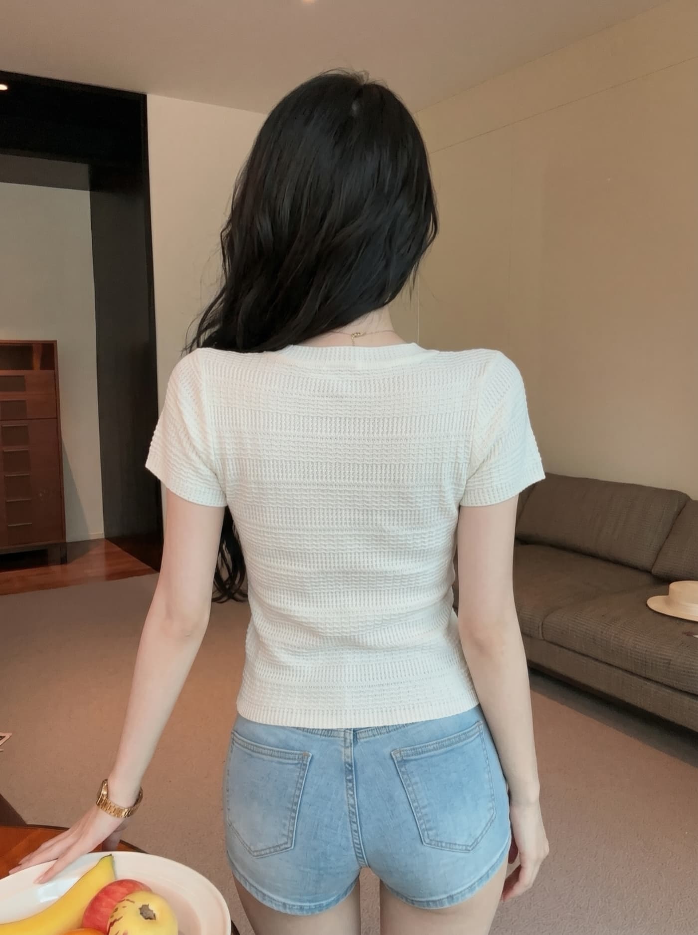 실사 여름 패션 디자인 센스 하트 홀로우 아웃 니트 반팔 티셔츠 여성 몸매 가꾸기 슬림해 보이는 Chic 외출용 맨위 상세 이미지 10