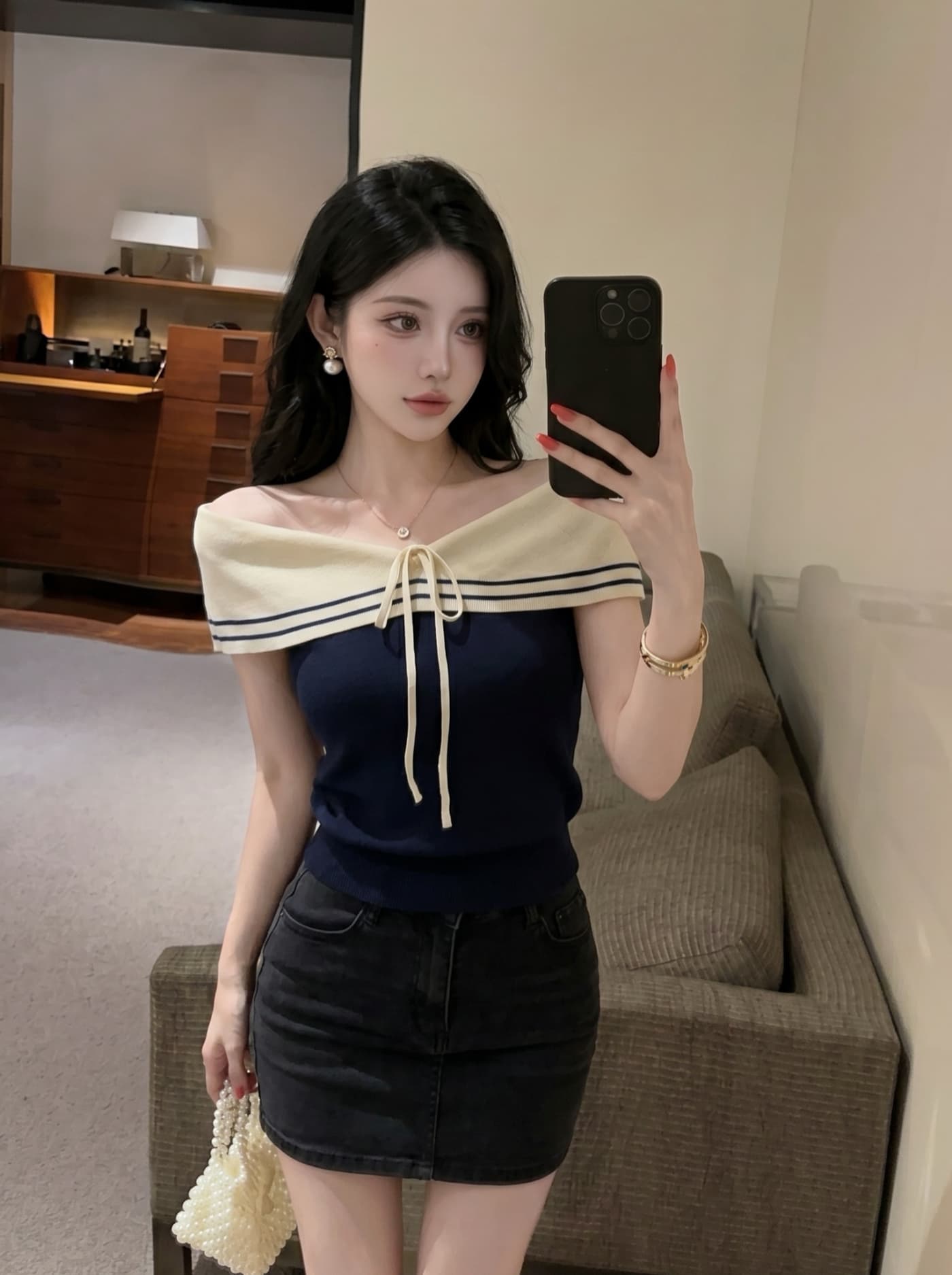 실사 해군 스타일 스트라이프 오프숄더 레이스업 폴로 칼라 니트 스웨터 여성 여름 몸매 가꾸기 슬림해 보이는 품격 민소매 맨위 이미지 2