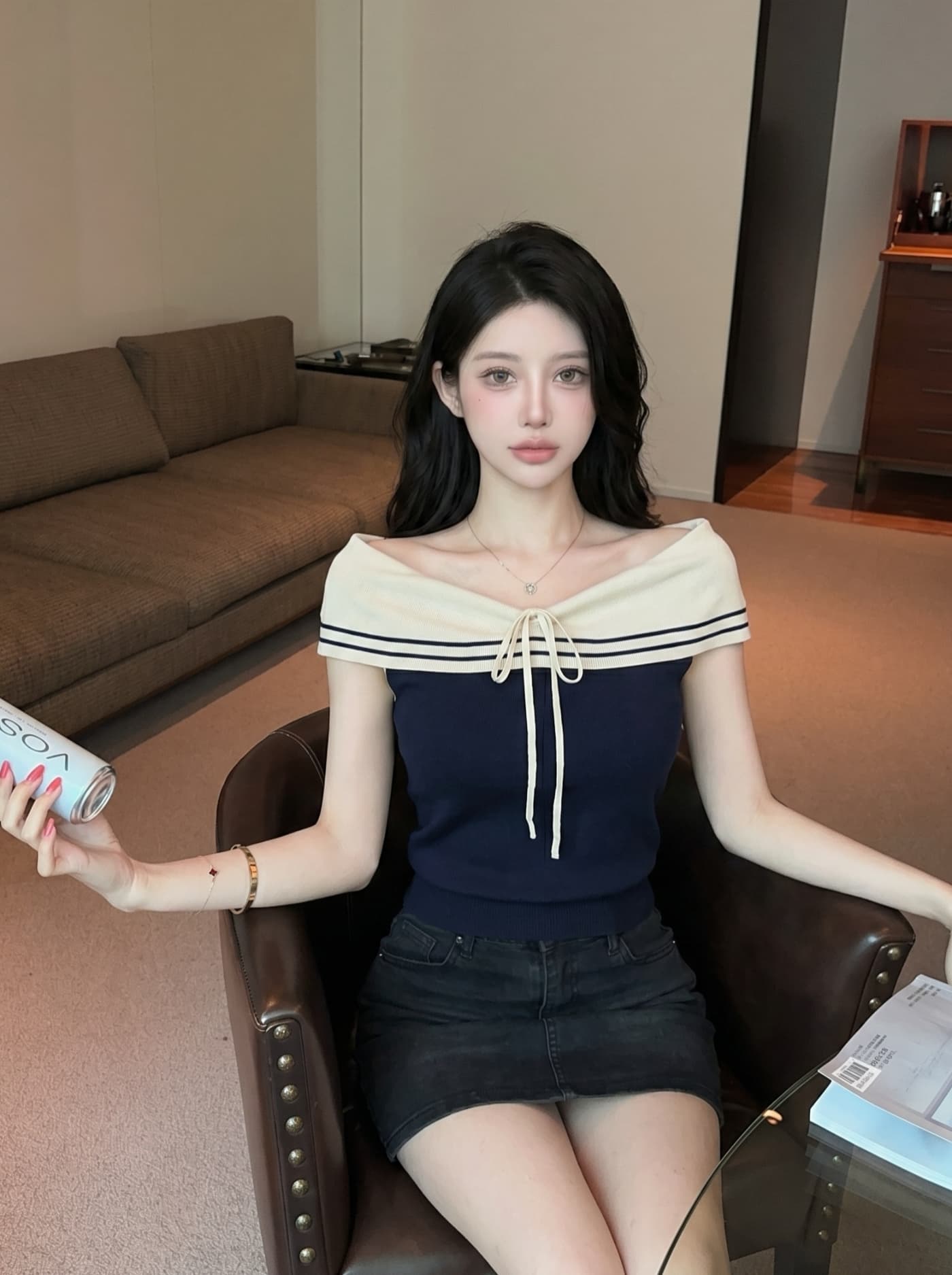 실사 해군 스타일 스트라이프 오프숄더 레이스업 폴로 칼라 니트 스웨터 여성 여름 몸매 가꾸기 슬림해 보이는 품격 민소매 맨위 이미지 4