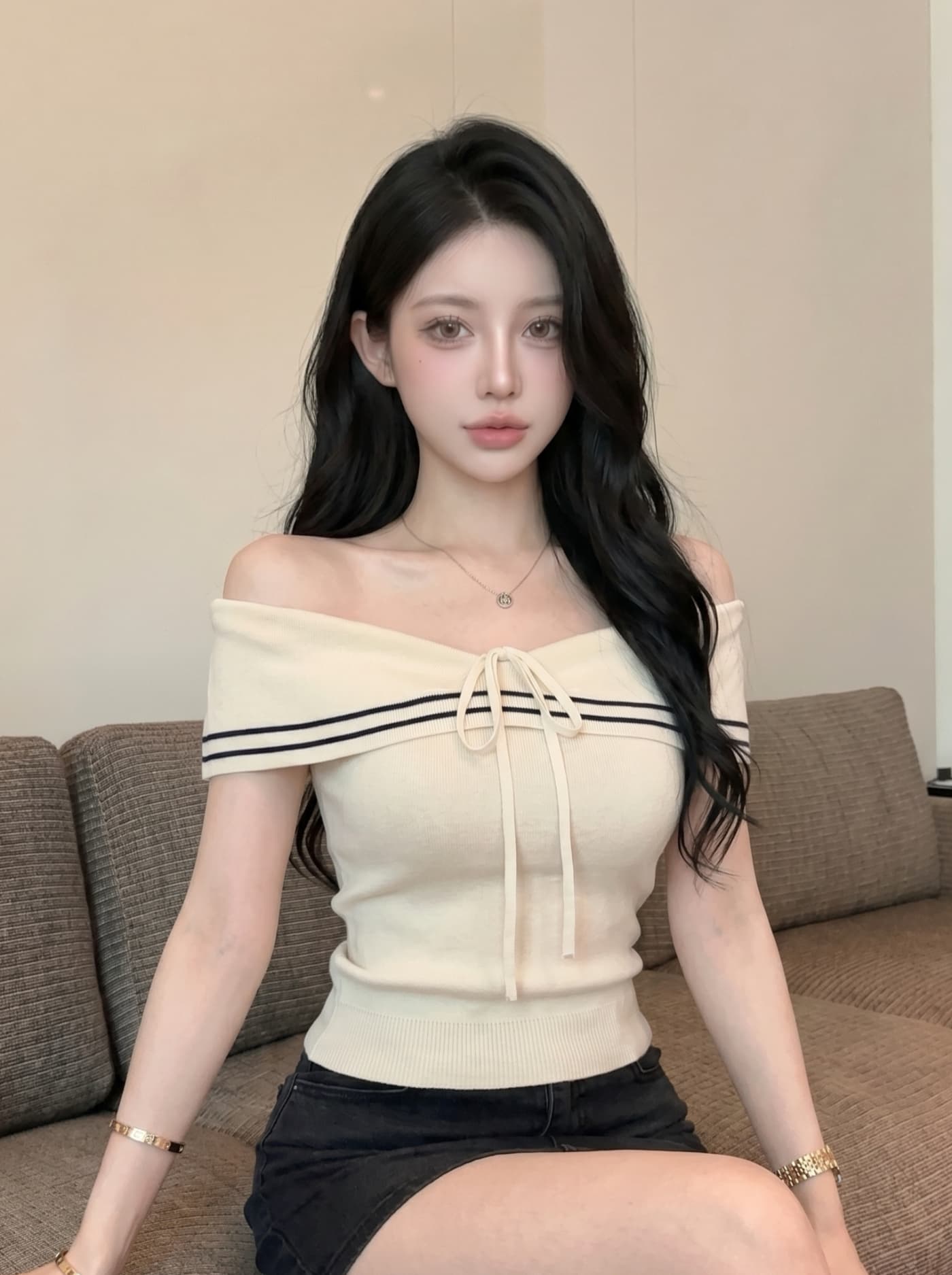 실사 해군 스타일 스트라이프 오프숄더 레이스업 폴로 칼라 니트 스웨터 여성 여름 몸매 가꾸기 슬림해 보이는 품격 민소매 맨위 상세 이미지 1