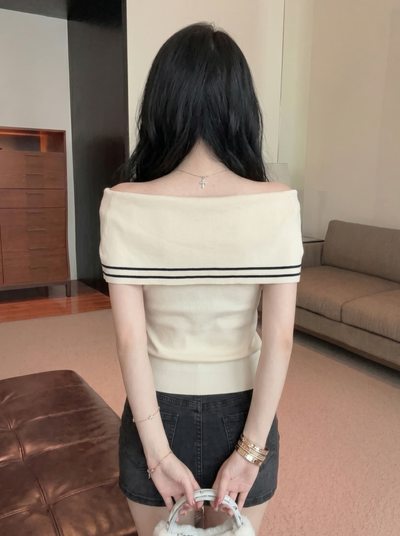 실사 해군 스타일 스트라이프 오프숄더 레이스업 폴로 칼라 니트 스웨터 여성 여름 몸매 가꾸기 슬림해 보이는 품격 민소매 맨위 상세 이미지 6