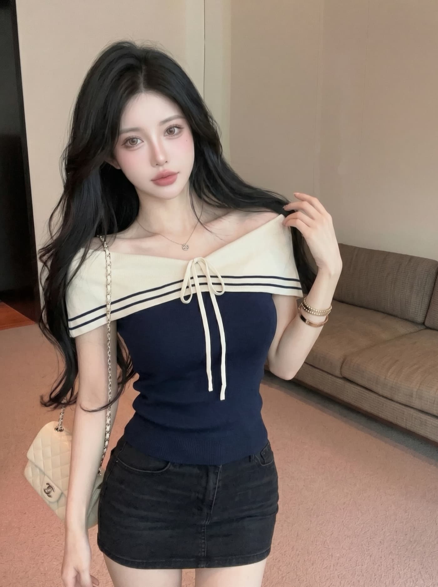 실사 해군 스타일 스트라이프 오프숄더 레이스업 폴로 칼라 니트 스웨터 여성 여름 몸매 가꾸기 슬림해 보이는 품격 민소매 맨위 상세 이미지 8