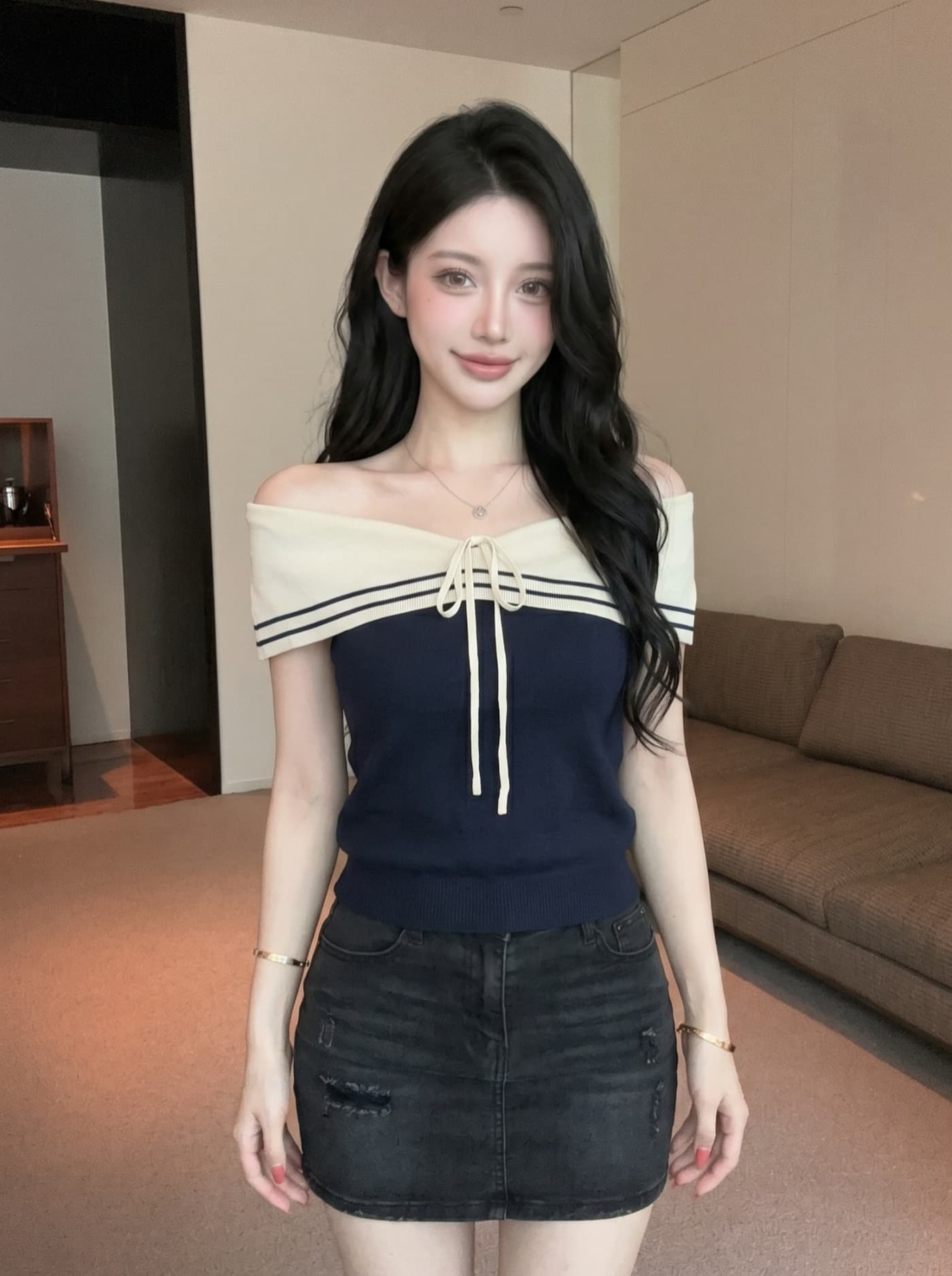 실사 해군 스타일 스트라이프 오프숄더 레이스업 폴로 칼라 니트 스웨터 여성 여름 몸매 가꾸기 슬림해 보이는 품격 민소매 맨위 상세 이미지 10