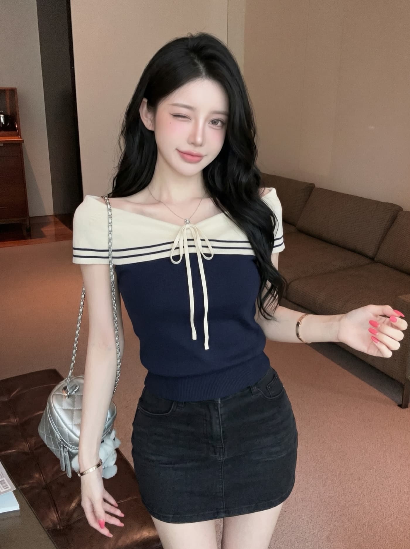 실사 해군 스타일 스트라이프 오프숄더 레이스업 폴로 칼라 니트 스웨터 여성 여름 몸매 가꾸기 슬림해 보이는 품격 민소매 맨위 상세 이미지 11