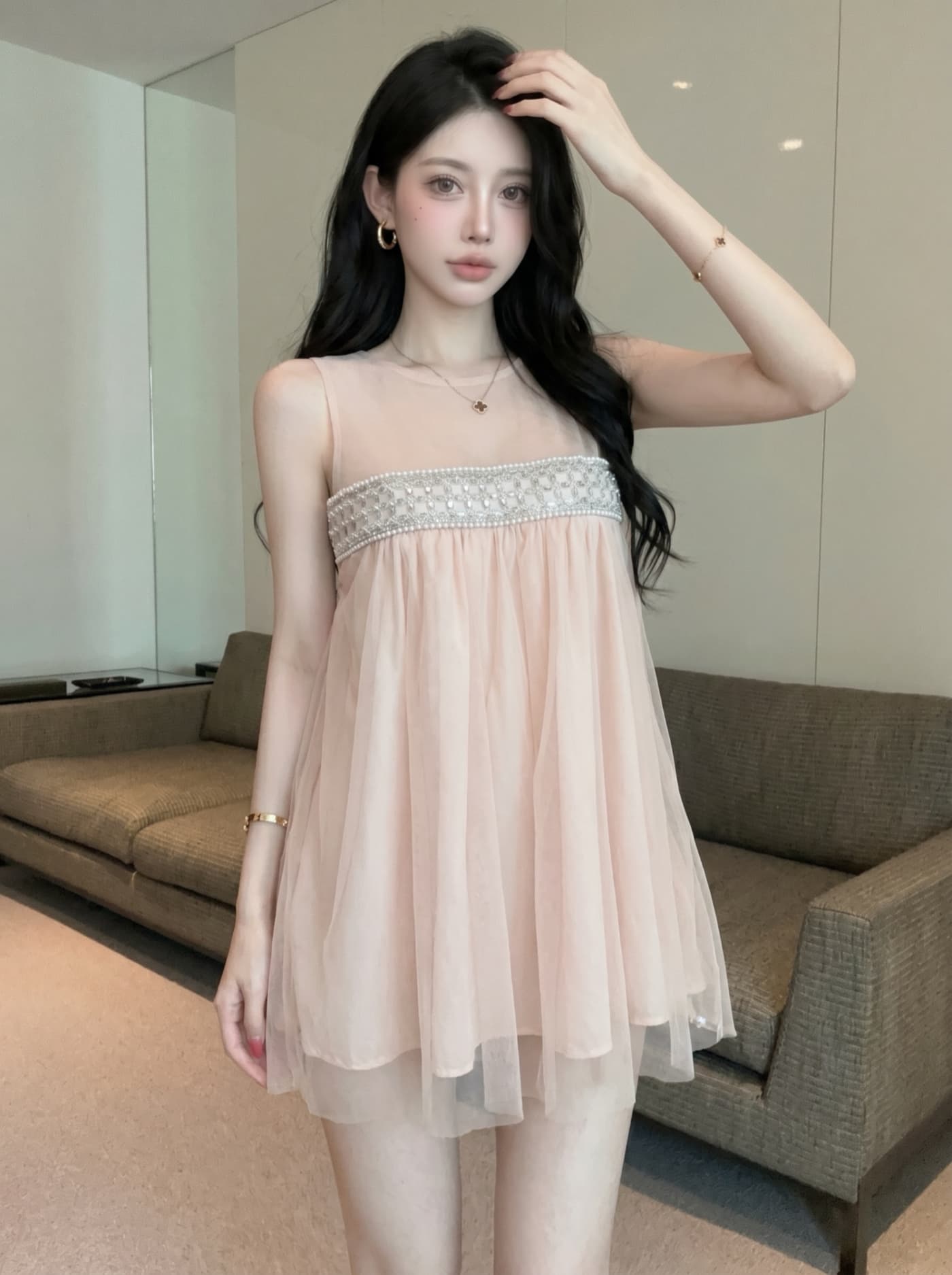 실사 천 골드 달콤함 부드러운 바람 한 마디 망사 비즈 박기 여성 드레스 여름 분위기 센스 데이트 요정 치마 이미지 2