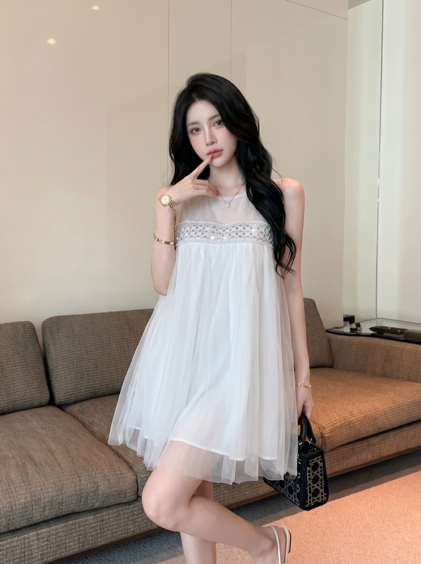 실사 천 골드 달콤함 부드러운 바람 한 마디 망사 비즈 박기 여성 드레스 여름 분위기 센스 데이트 요정 치마 상세 이미지 1