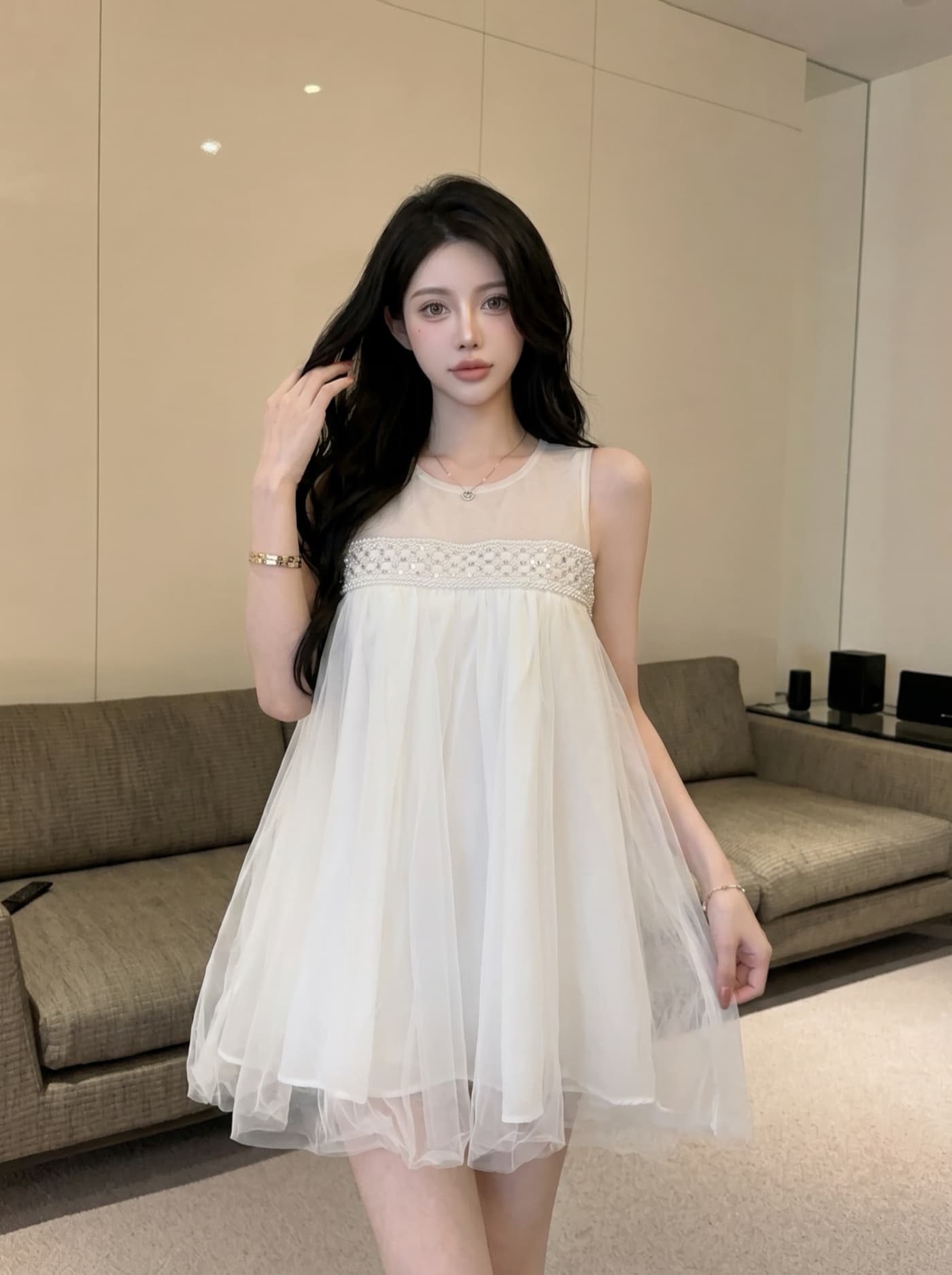 실사 천 골드 달콤함 부드러운 바람 한 마디 망사 비즈 박기 여성 드레스 여름 분위기 센스 데이트 요정 치마 상세 이미지 3