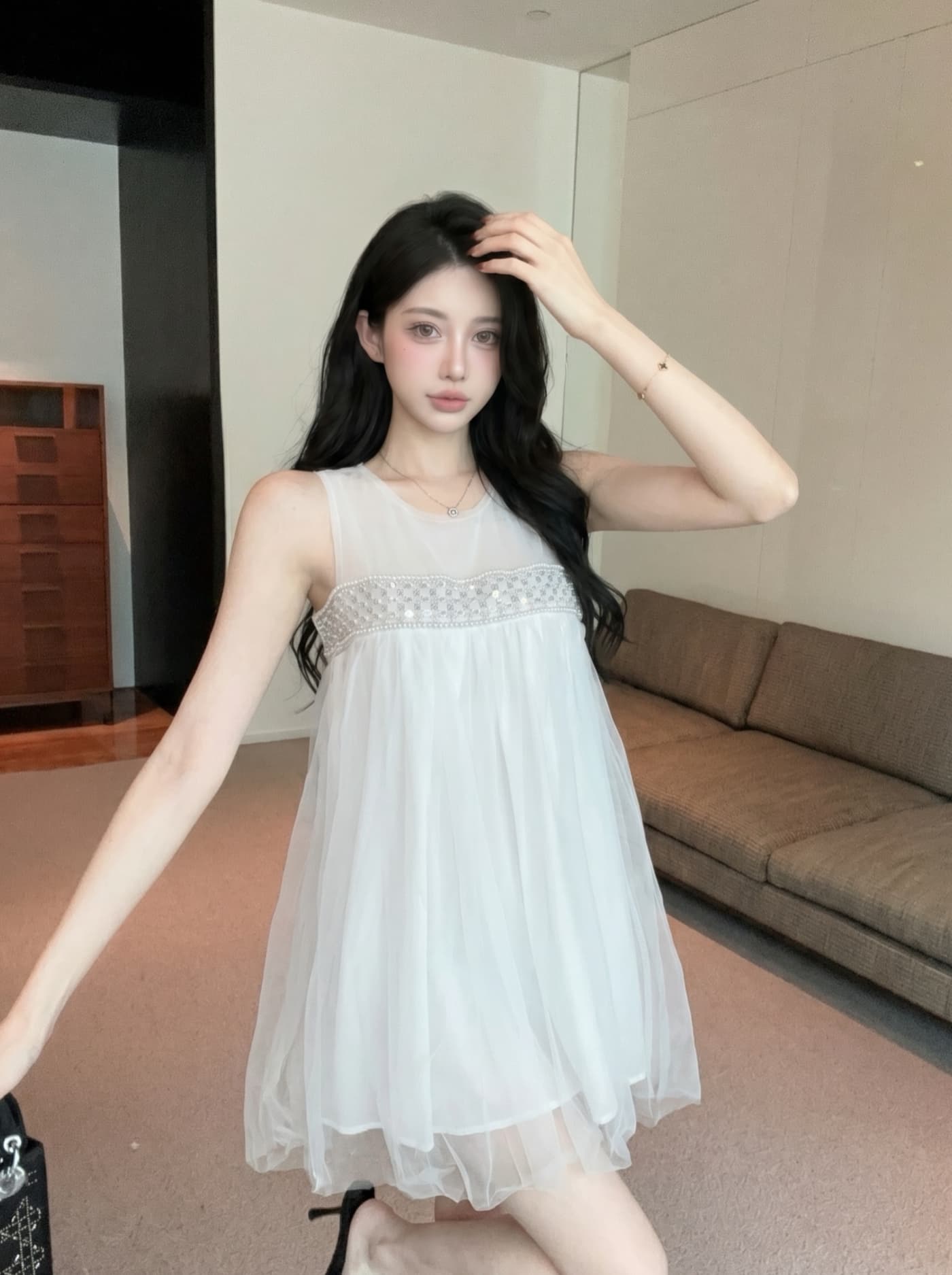 실사 천 골드 달콤함 부드러운 바람 한 마디 망사 비즈 박기 여성 드레스 여름 분위기 센스 데이트 요정 치마 상세 이미지 4