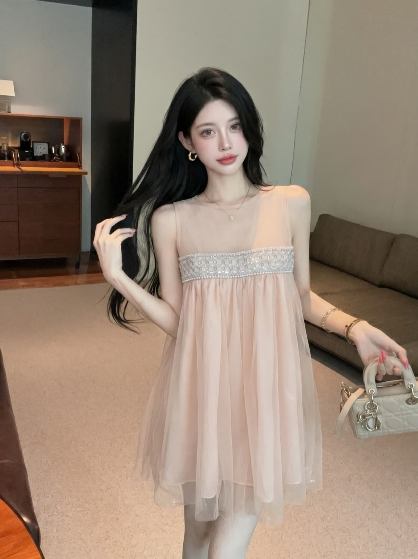 실사 천 골드 달콤함 부드러운 바람 한 마디 망사 비즈 박기 여성 드레스 여름 분위기 센스 데이트 요정 치마 상세 이미지 8