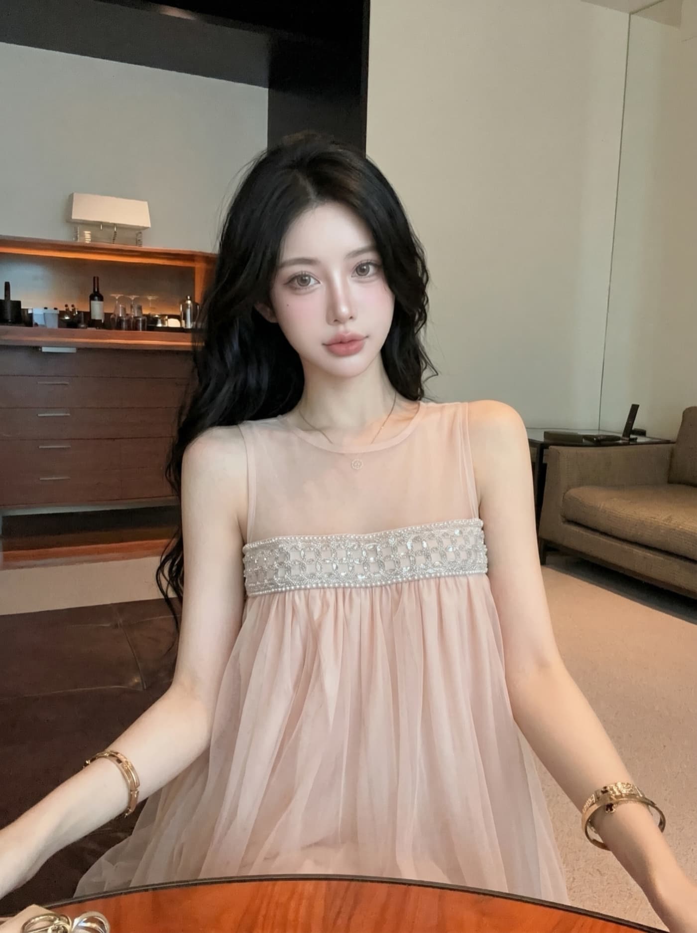 실사 천 골드 달콤함 부드러운 바람 한 마디 망사 비즈 박기 여성 드레스 여름 분위기 센스 데이트 요정 치마 상세 이미지 9
