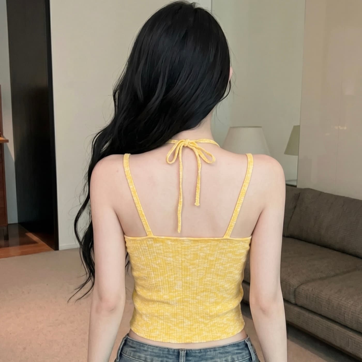 실사 황색 행침 목 니트 캐미솔 여름 순수한 욕망 인사이드 가져 가라. Chic 핫걸 쇼트 스타일 민소매 맨위 이미지 5