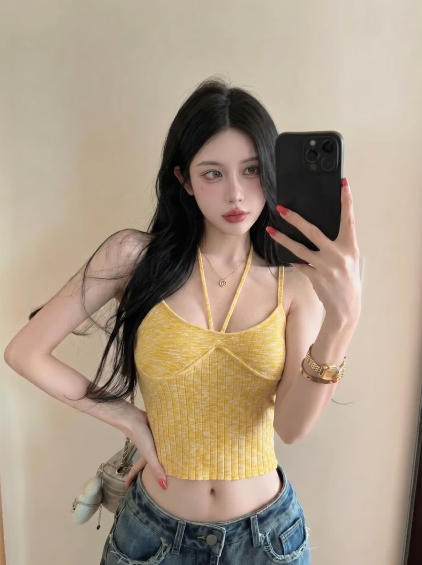 실사 황색 행침 목 니트 캐미솔 여름 순수한 욕망 인사이드 가져 가라. Chic 핫걸 쇼트 스타일 민소매 맨위 이미지 3
