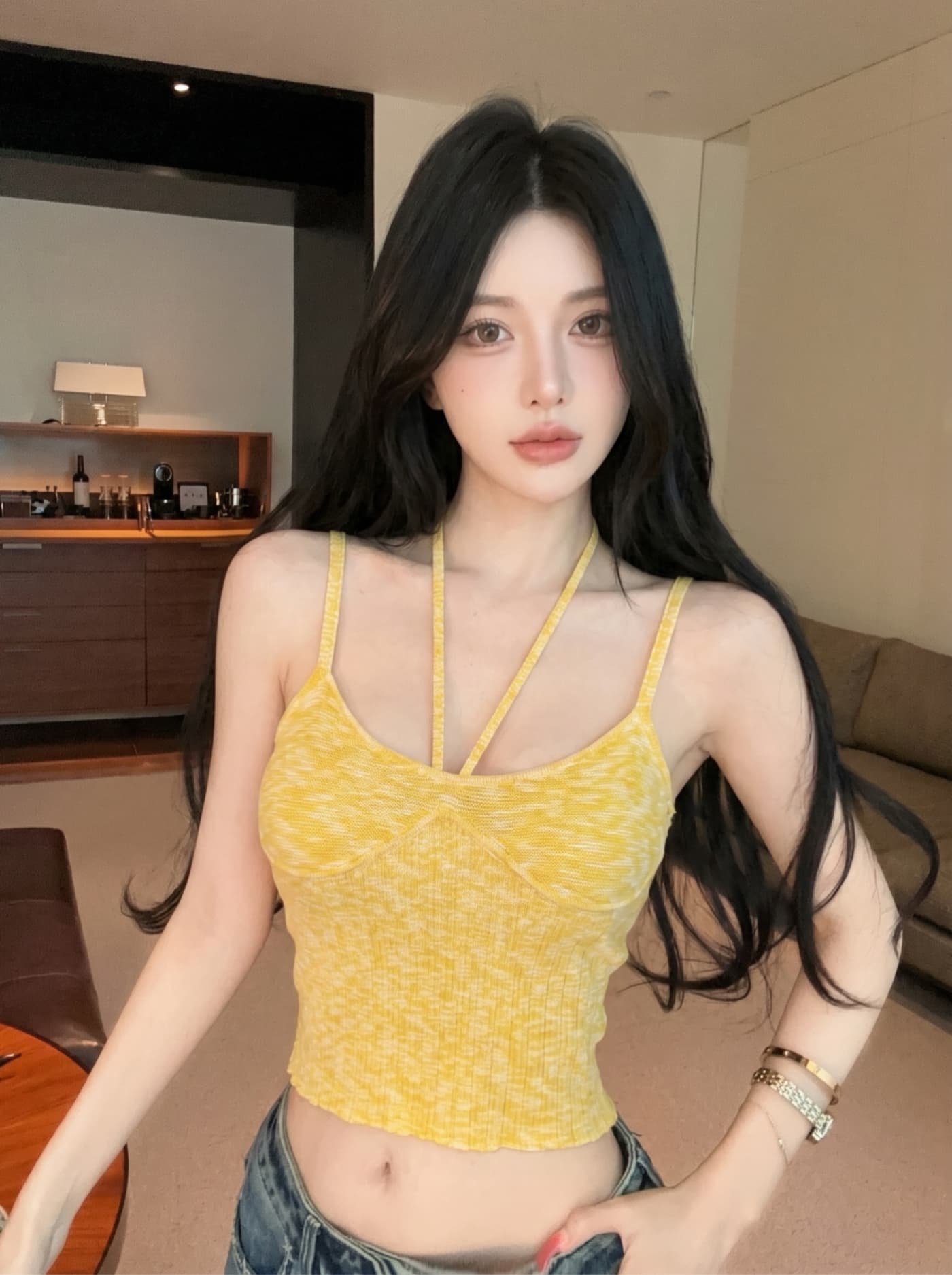 실사 황색 행침 목 니트 캐미솔 여름 순수한 욕망 인사이드 가져 가라. Chic 핫걸 쇼트 스타일 민소매 맨위 상세 이미지 1