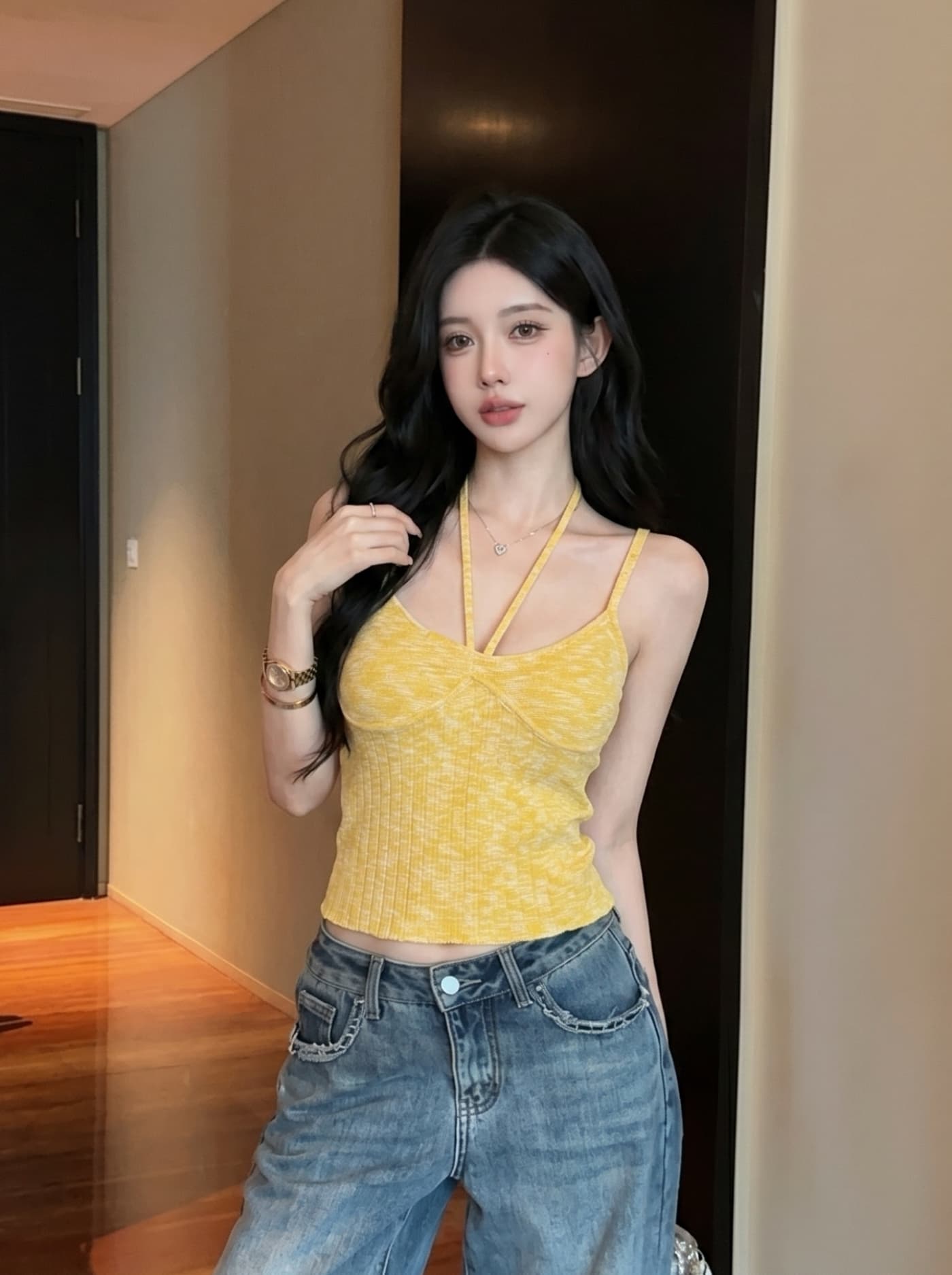 실사 황색 행침 목 니트 캐미솔 여름 순수한 욕망 인사이드 가져 가라. Chic 핫걸 쇼트 스타일 민소매 맨위 상세 이미지 2
