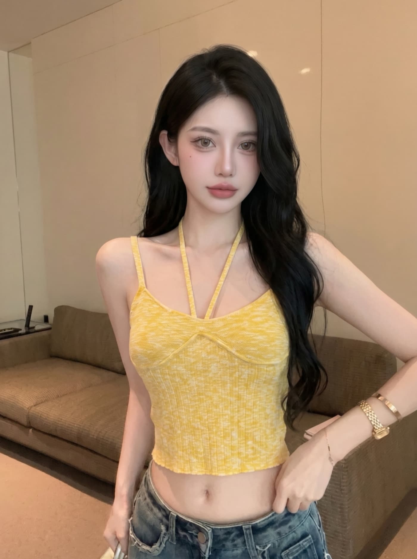 실사 황색 행침 목 니트 캐미솔 여름 순수한 욕망 인사이드 가져 가라. Chic 핫걸 쇼트 스타일 민소매 맨위 상세 이미지 5