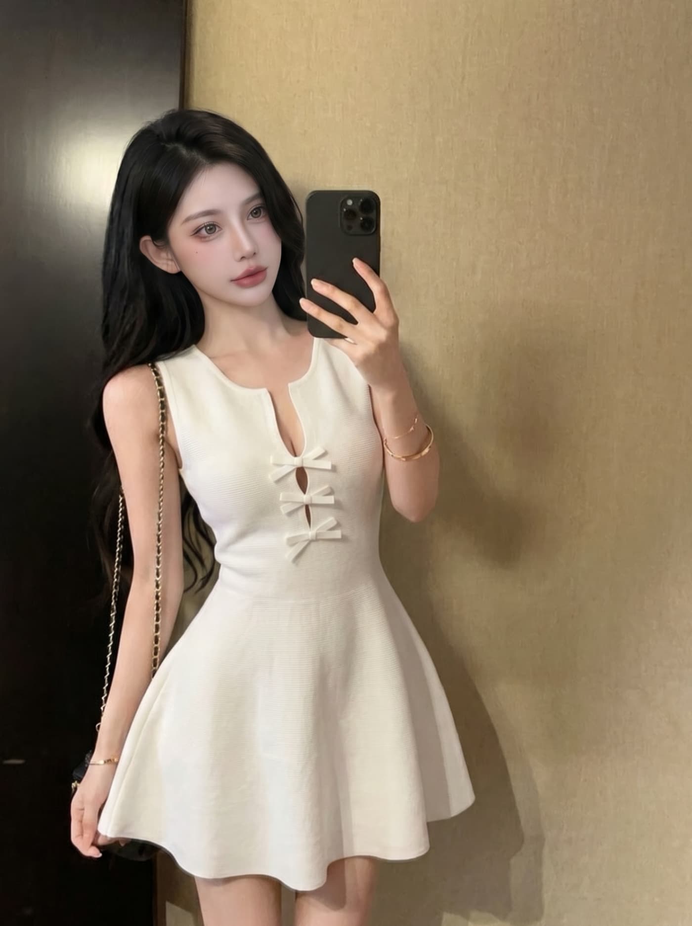 실사 프랑스식 순수한 욕망 바람 니트 드레스 나비 매듭 단추 허리 수축 슬림해 보이는 a 단어 조끼 스커트 여성 여름 이미지 5