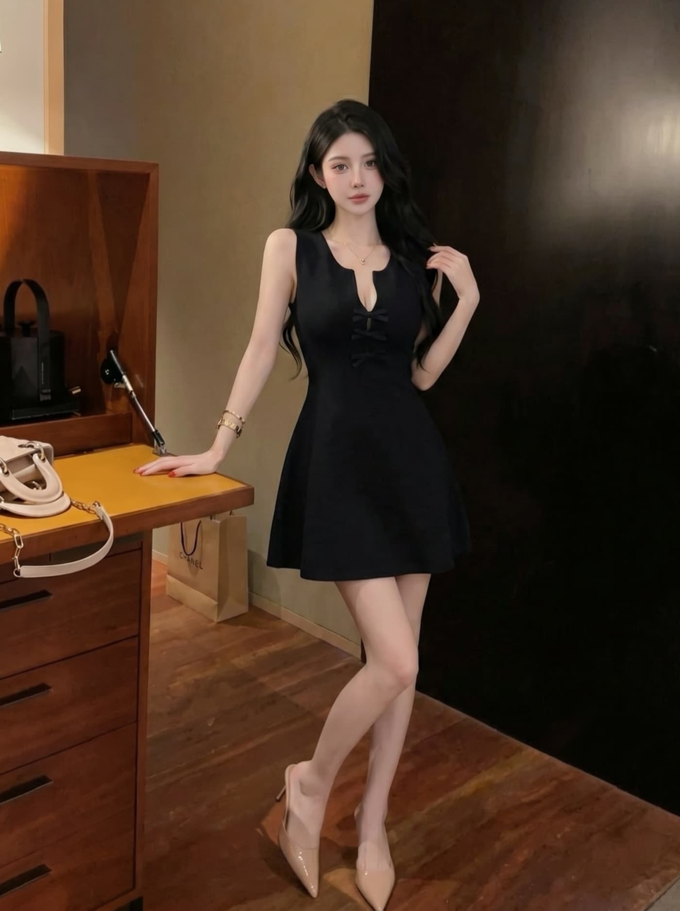 실사 프랑스식 순수한 욕망 바람 니트 드레스 나비 매듭 단추 허리 수축 슬림해 보이는 a 단어 조끼 스커트 여성 여름 이미지 4