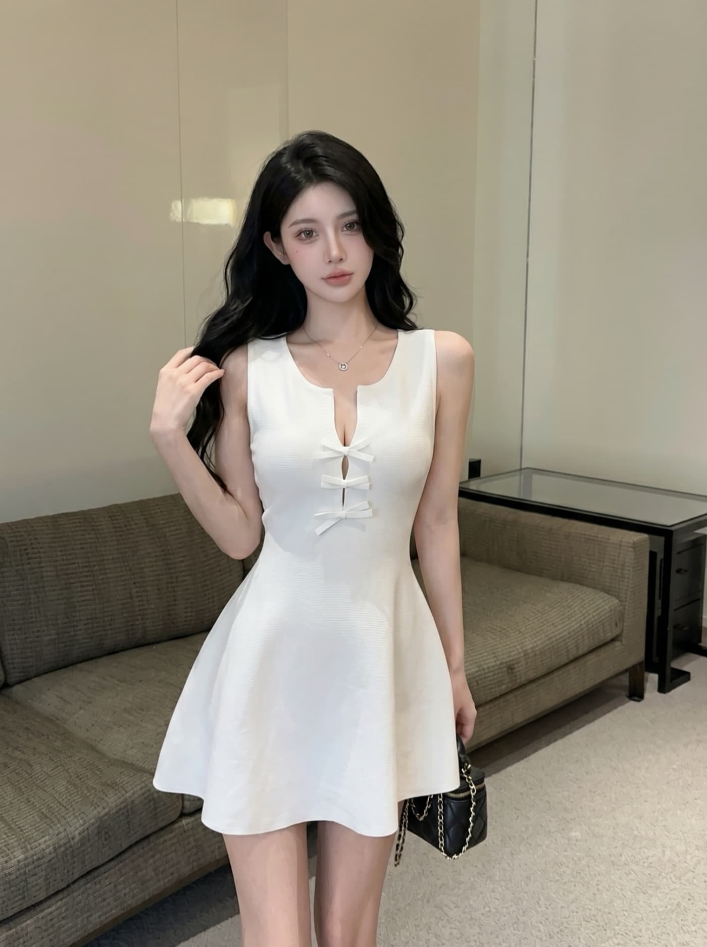 실사 프랑스식 순수한 욕망 바람 니트 드레스 나비 매듭 단추 허리 수축 슬림해 보이는 a 단어 조끼 스커트 여성 여름 이미지 3