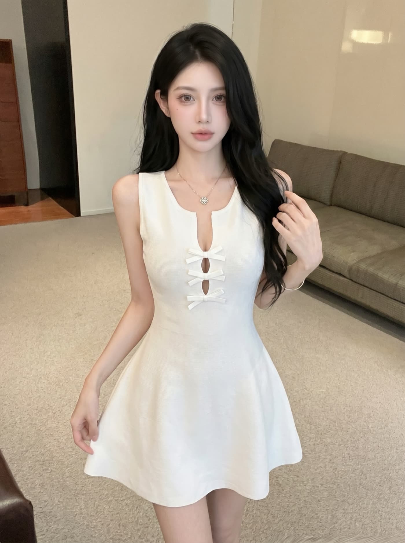 실사 프랑스식 순수한 욕망 바람 니트 드레스 나비 매듭 단추 허리 수축 슬림해 보이는 a 단어 조끼 스커트 여성 여름 상세 이미지 1