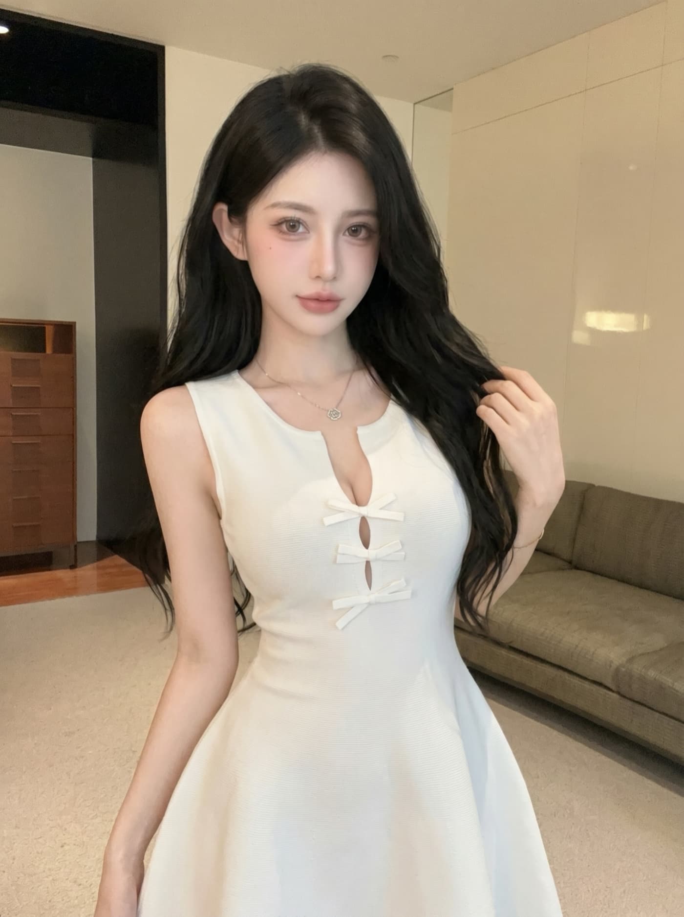 실사 프랑스식 순수한 욕망 바람 니트 드레스 나비 매듭 단추 허리 수축 슬림해 보이는 a 단어 조끼 스커트 여성 여름 상세 이미지 2