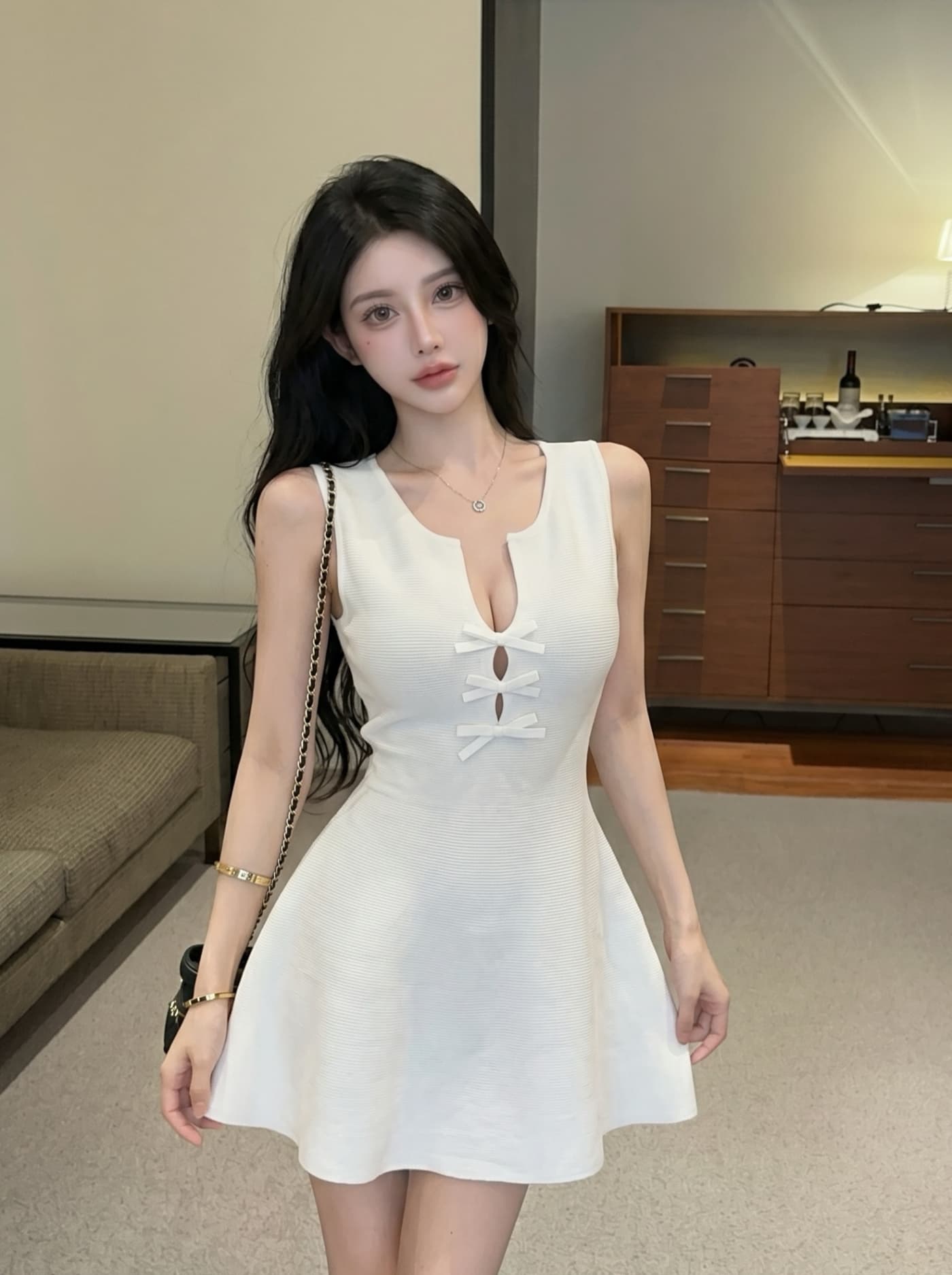 실사 프랑스식 순수한 욕망 바람 니트 드레스 나비 매듭 단추 허리 수축 슬림해 보이는 a 단어 조끼 스커트 여성 여름 상세 이미지 4