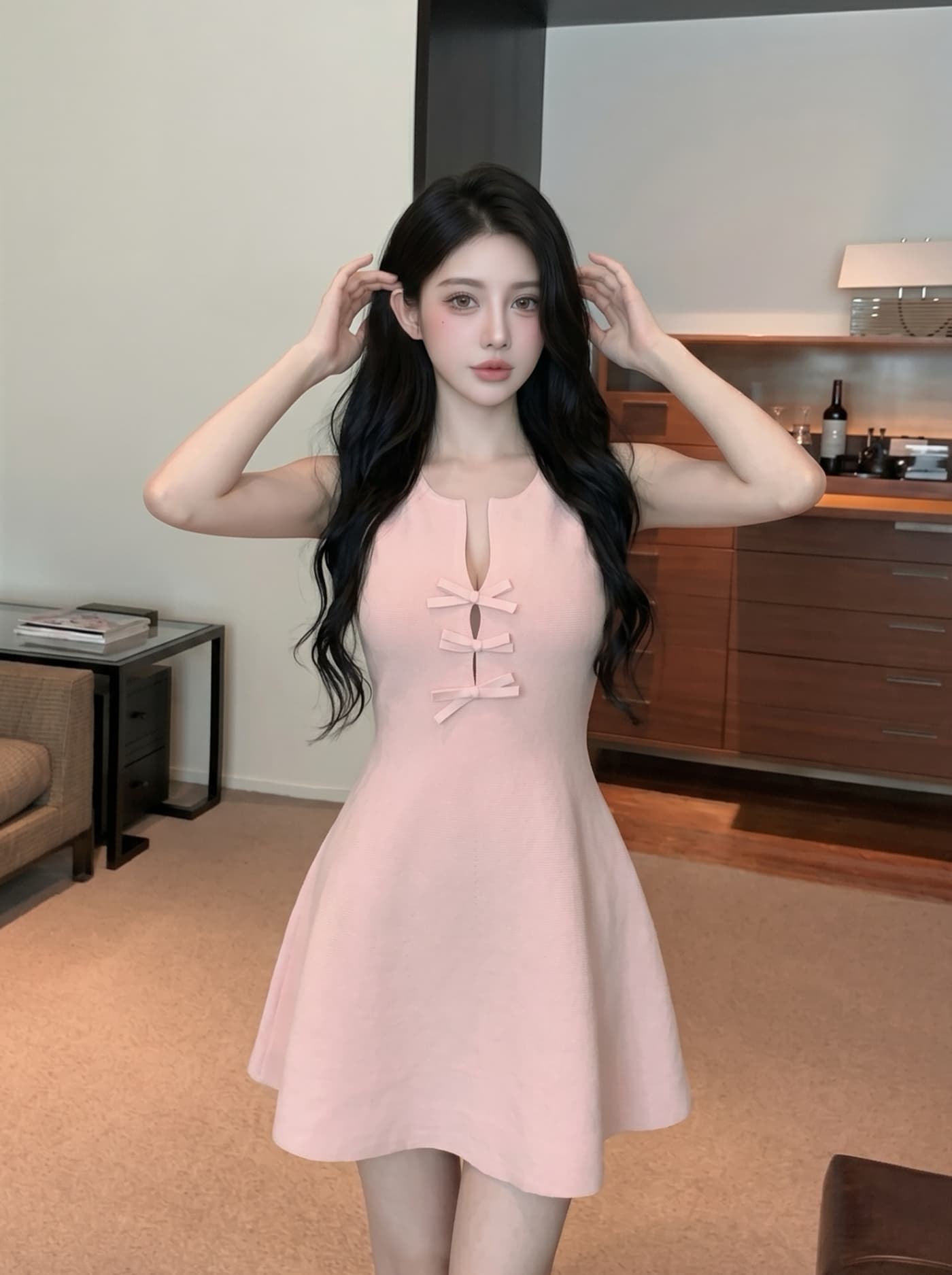 실사 프랑스식 순수한 욕망 바람 니트 드레스 나비 매듭 단추 허리 수축 슬림해 보이는 a 단어 조끼 스커트 여성 여름 상세 이미지 6