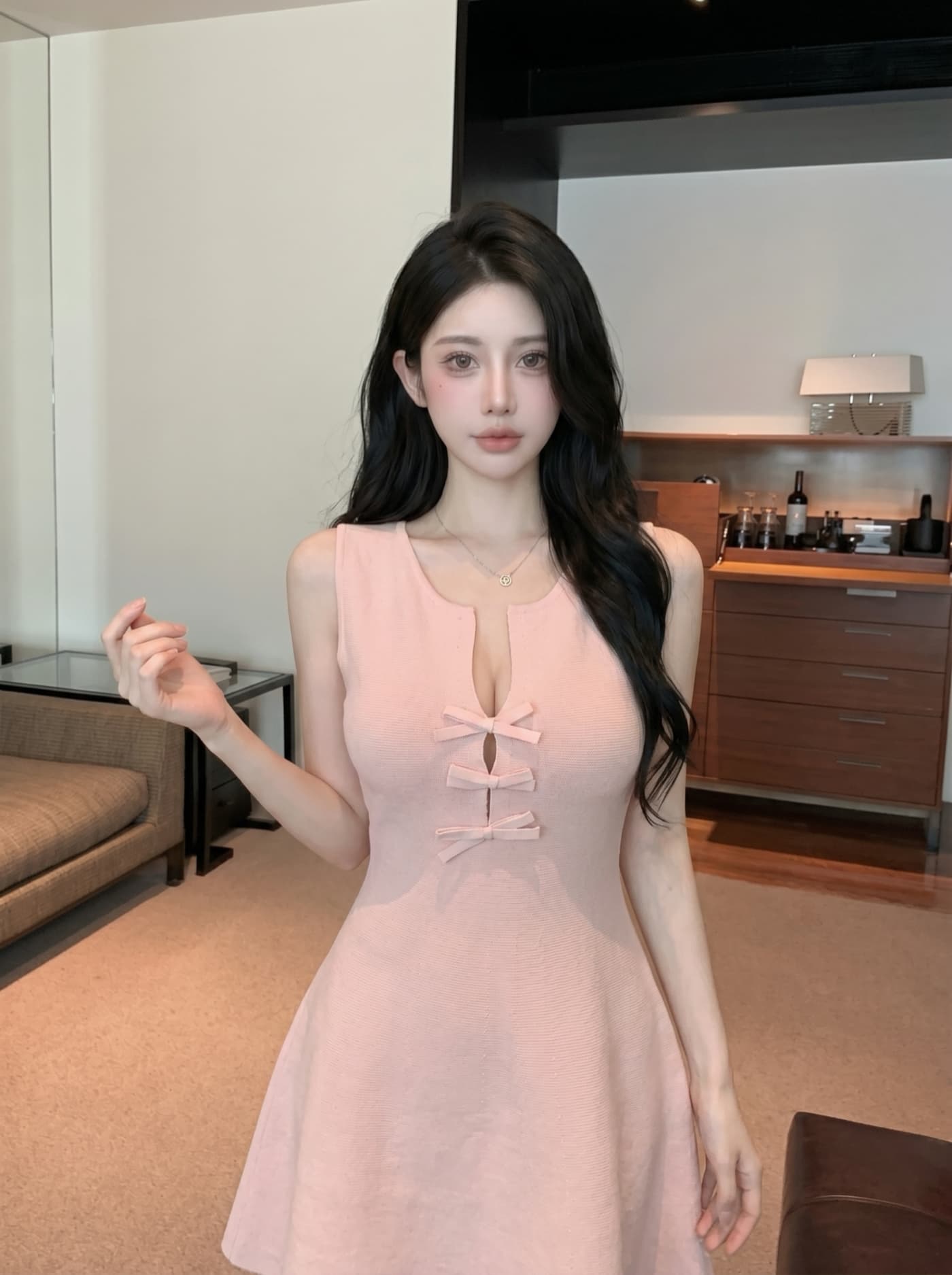 실사 프랑스식 순수한 욕망 바람 니트 드레스 나비 매듭 단추 허리 수축 슬림해 보이는 a 단어 조끼 스커트 여성 여름 상세 이미지 7