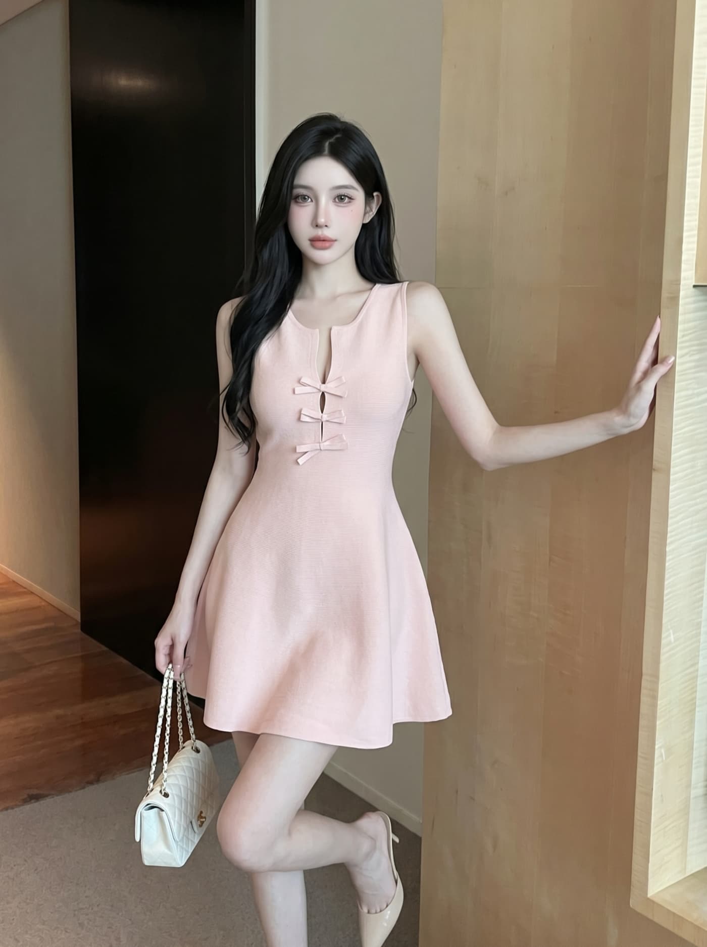 실사 프랑스식 순수한 욕망 바람 니트 드레스 나비 매듭 단추 허리 수축 슬림해 보이는 a 단어 조끼 스커트 여성 여름 상세 이미지 8