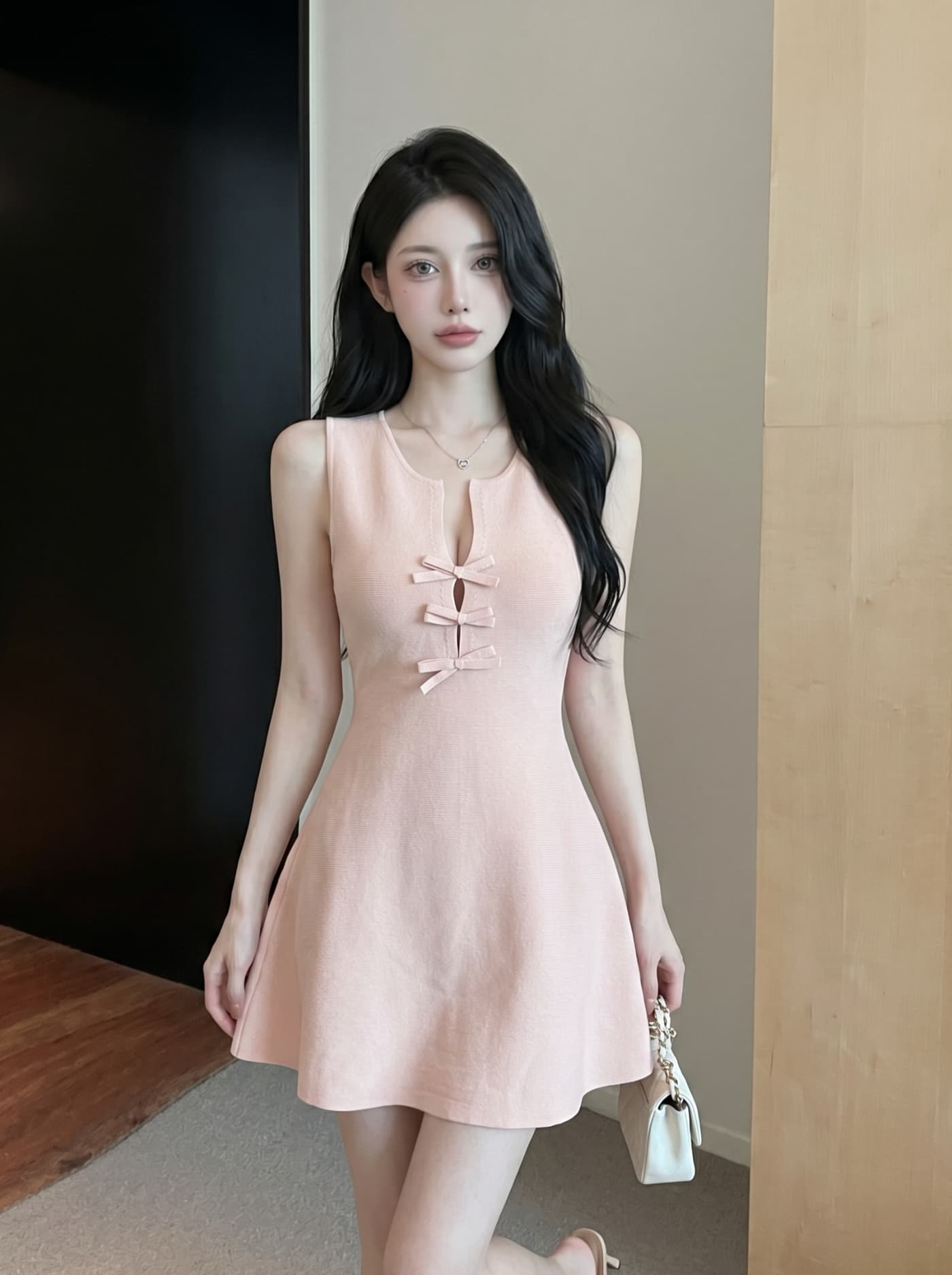 실사 프랑스식 순수한 욕망 바람 니트 드레스 나비 매듭 단추 허리 수축 슬림해 보이는 a 단어 조끼 스커트 여성 여름 상세 이미지 10