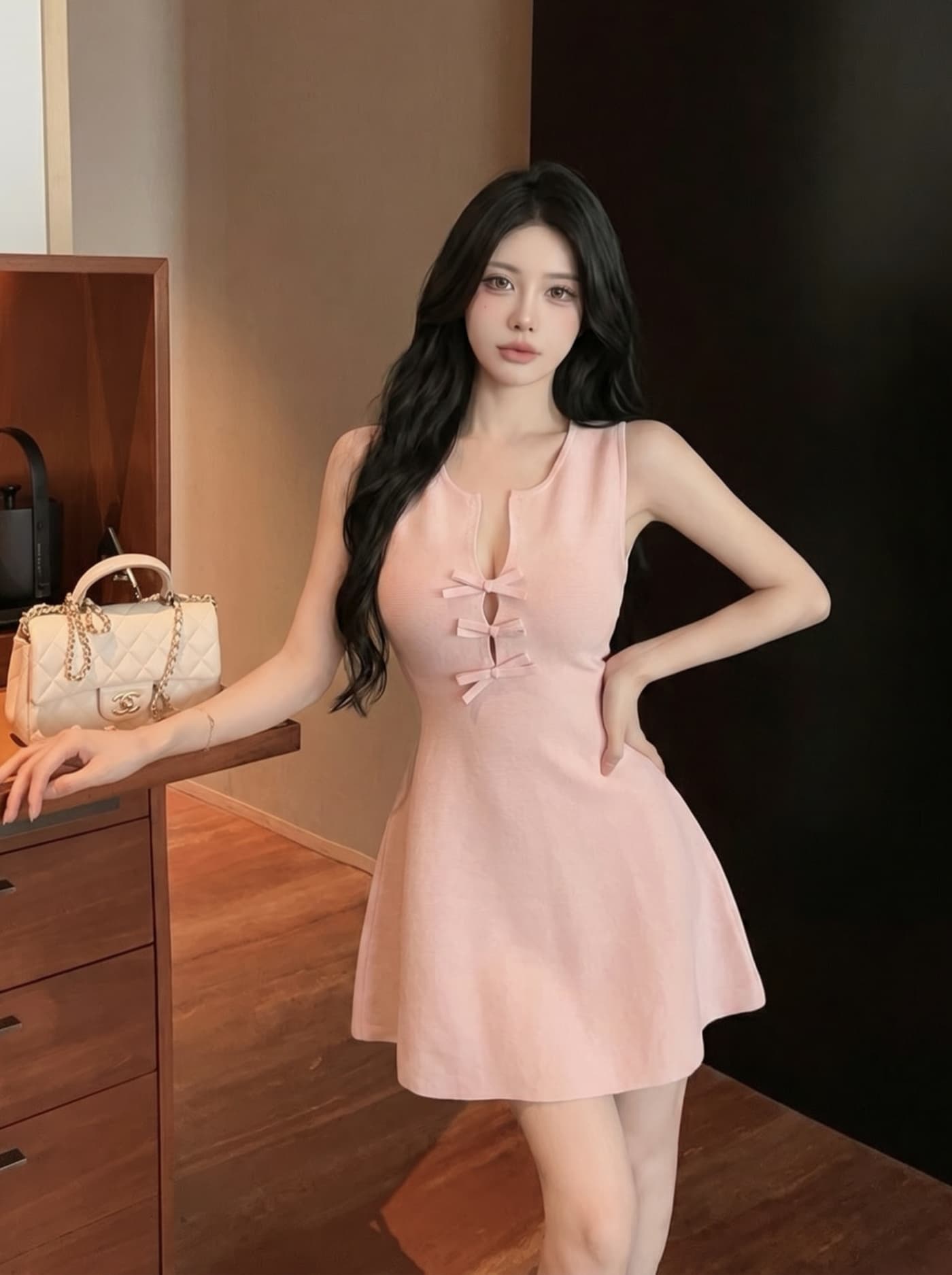 실사 프랑스식 순수한 욕망 바람 니트 드레스 나비 매듭 단추 허리 수축 슬림해 보이는 a 단어 조끼 스커트 여성 여름 상세 이미지 12