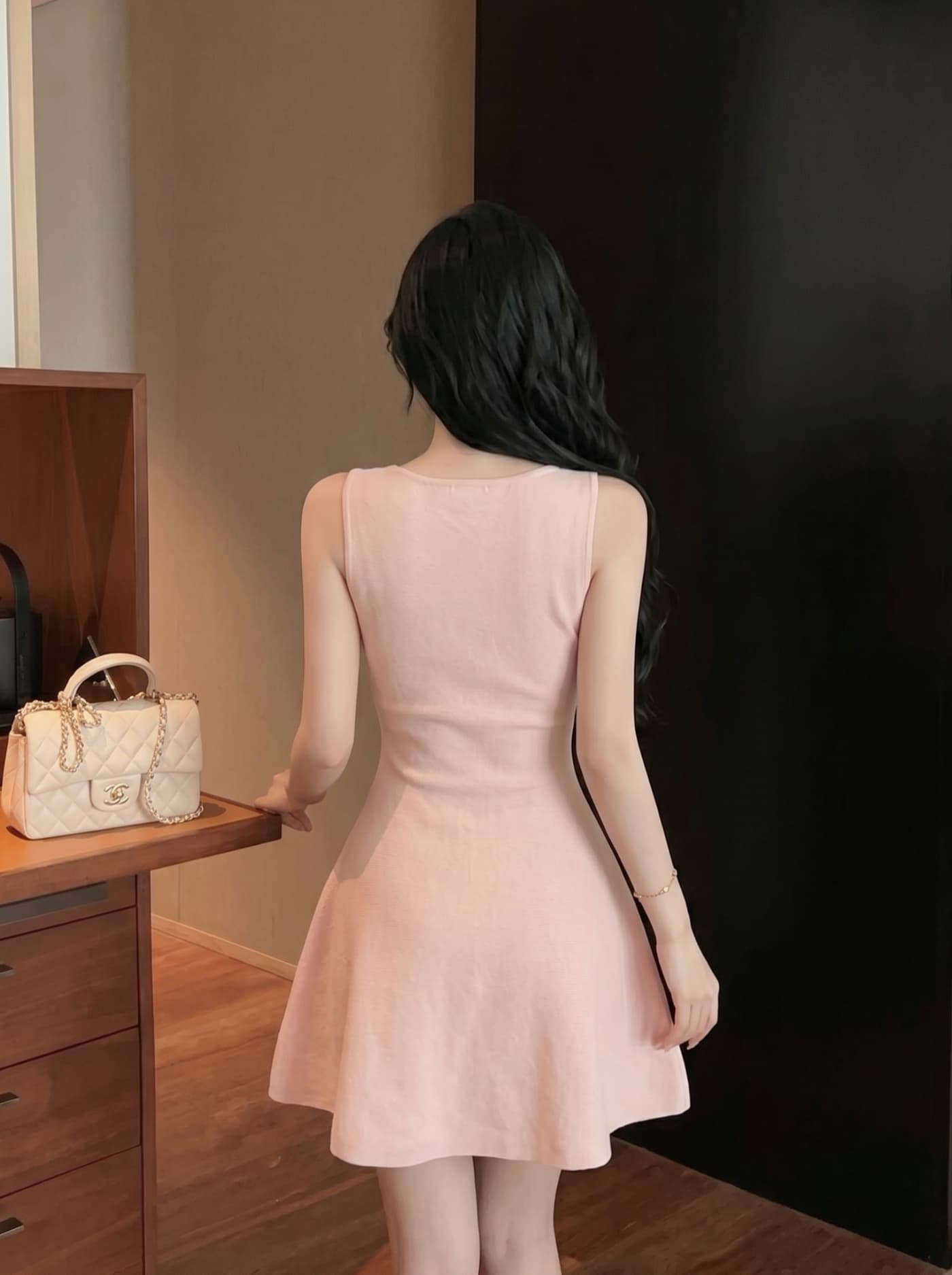 실사 프랑스식 순수한 욕망 바람 니트 드레스 나비 매듭 단추 허리 수축 슬림해 보이는 a 단어 조끼 스커트 여성 여름 상세 이미지 13