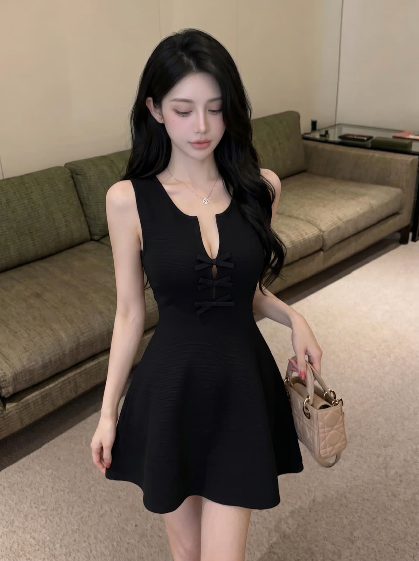 실사 프랑스식 순수한 욕망 바람 니트 드레스 나비 매듭 단추 허리 수축 슬림해 보이는 a 단어 조끼 스커트 여성 여름 상세 이미지 14