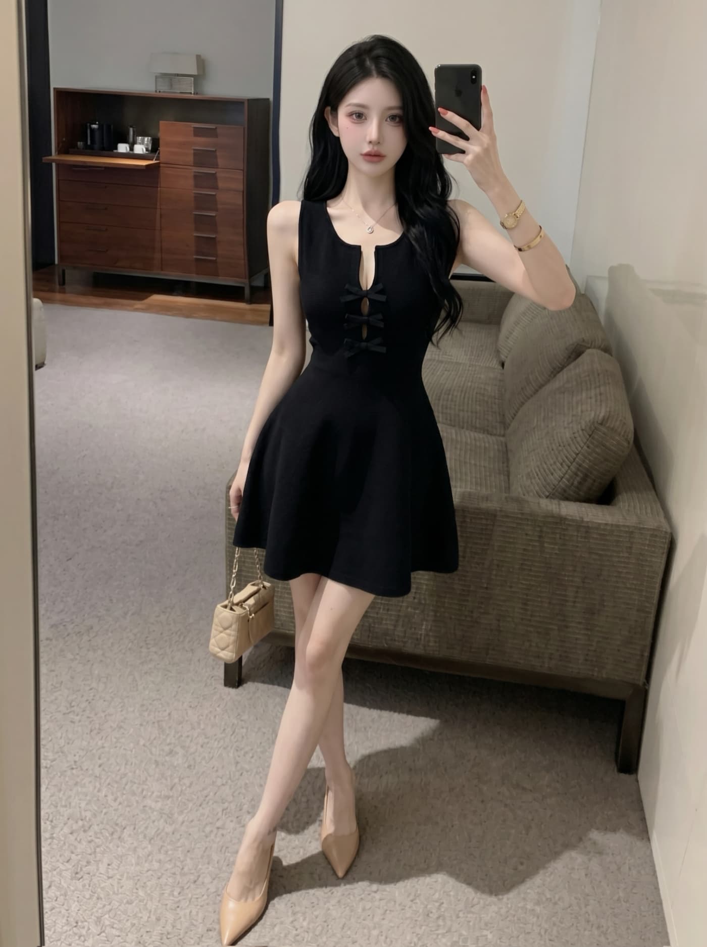 실사 프랑스식 순수한 욕망 바람 니트 드레스 나비 매듭 단추 허리 수축 슬림해 보이는 a 단어 조끼 스커트 여성 여름 상세 이미지 15